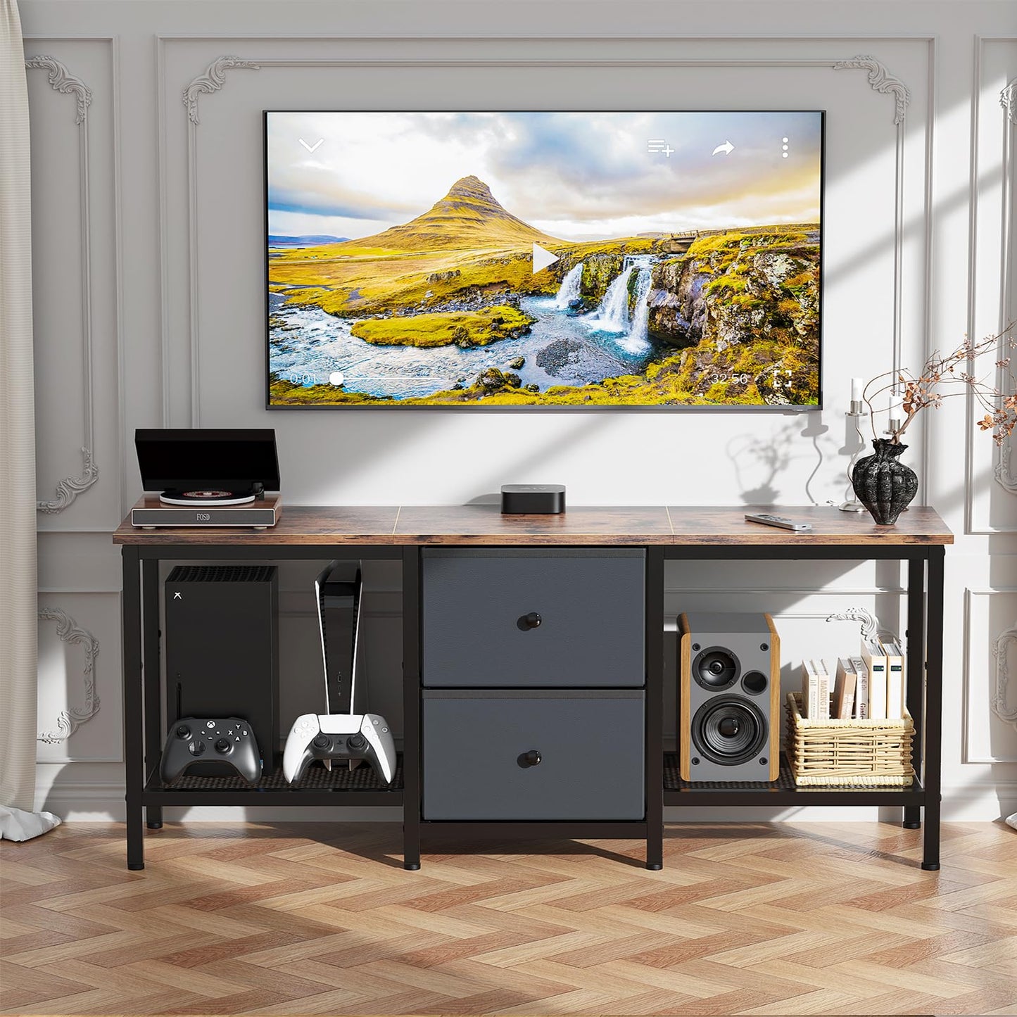 Smoproper TV Stand Suitable for TVs up to 55 Inches, Entertainment Center with Storage Drawers and Shelves, Media Console Table for Living Room and Bedroom (Brown Black)