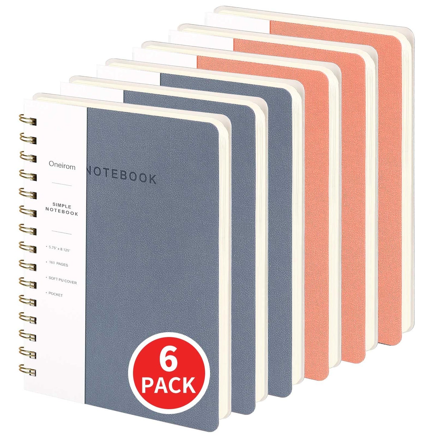 Spiral Notebook-5.75" x 8.125" College Ruled Journal with Inner Pockets and 160 Pages,PU Leather Cover Business Journal, Twin-Wire Binding Notebook Perfect for Office & Home School Supplies 6 pack Reefblue/Pink