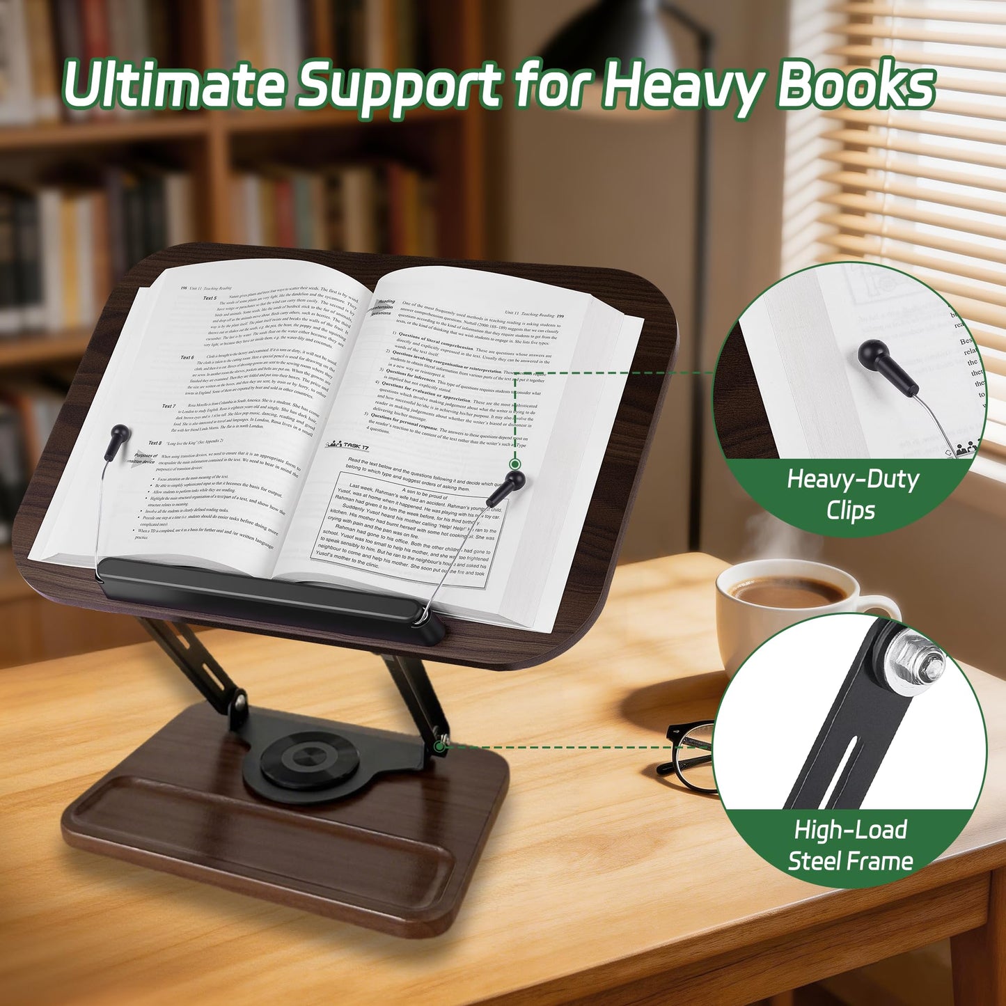 Siyoriot Book Stand for Reading, 360° Rotating Book Holder for Desk, Heavy Duty Bible Stand with Page Clips, Adjustable Height for Thick Textbooks, Cookbooks, Music Book