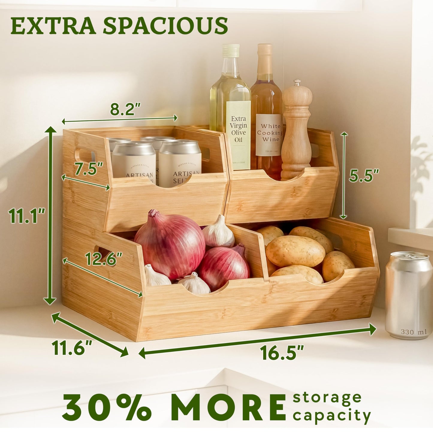 HOMESTEAD Extra Large Bamboo Pantry Storage Bins – 30% Larger, Stackable Potato Onion Storage Bin, Large Pantry Organizers and Storage, Produce Vegetable Organizer, Set of 3