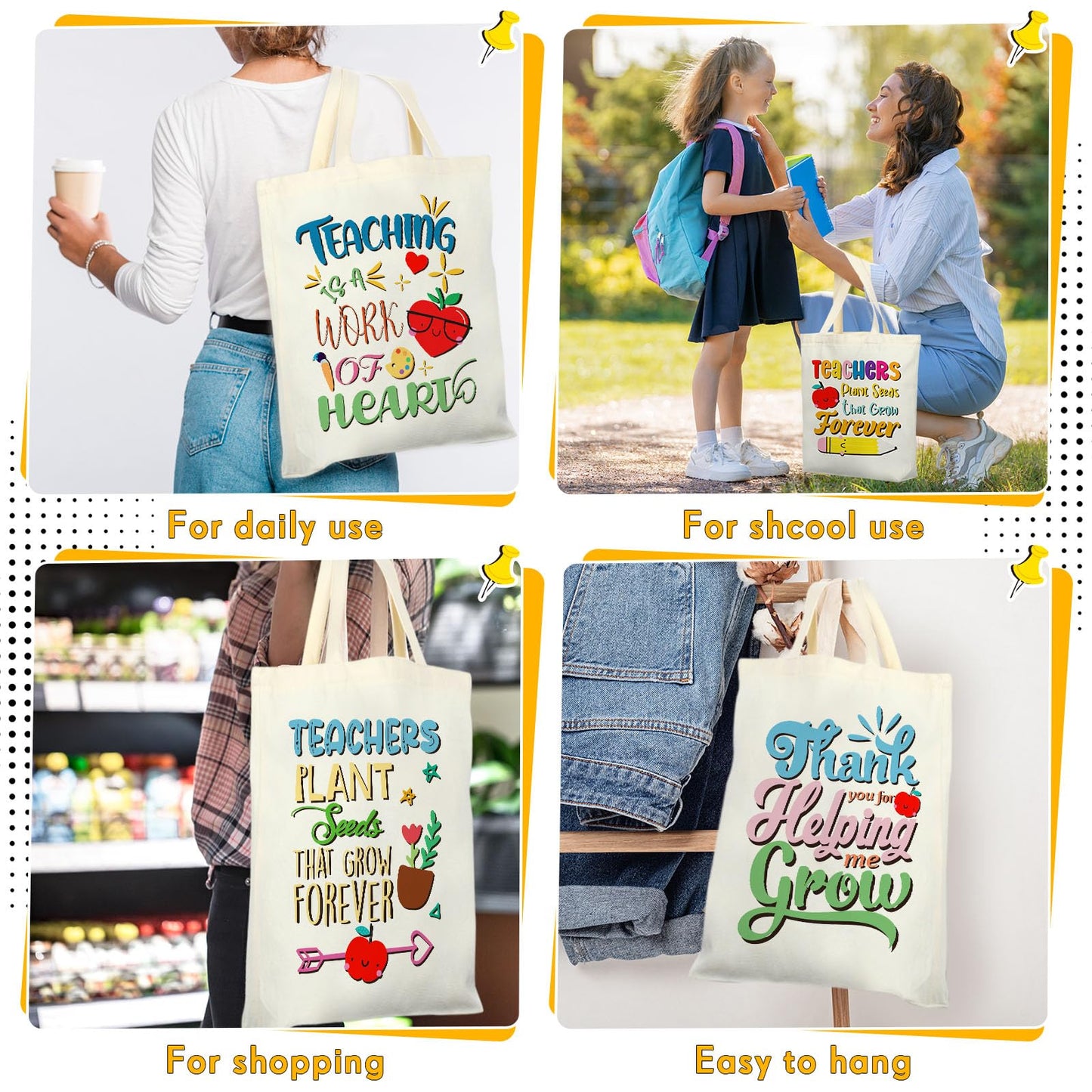 Capoda 12 Pcs Teacher Canvas Tote Bags Large Teacher Appreciation Gifts Bags with Zippers Best Teacher Ever Shoulder Bags for Women Men Teacher's Day Back to School Birthday Retirement Gifts Supplies