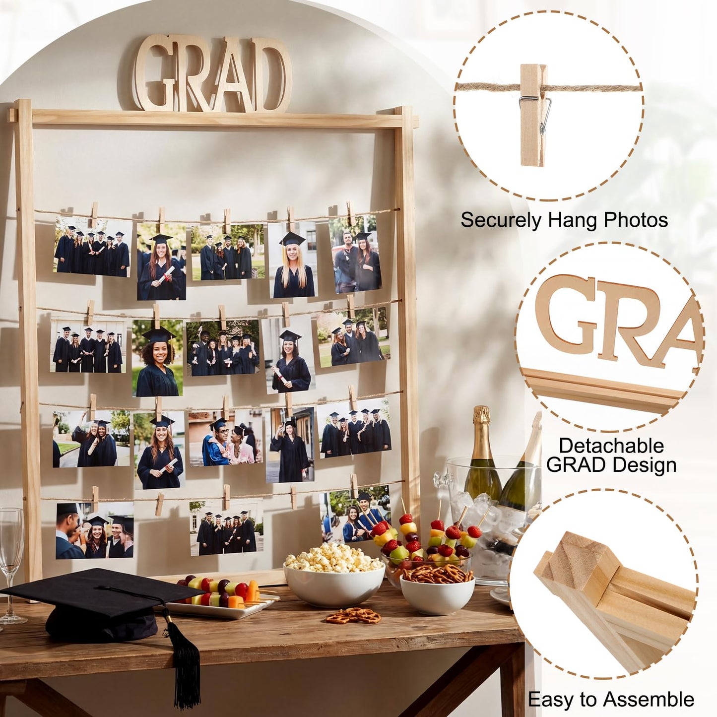 Cinnvoice Graduation Wooden Photo Display Board 30.4 x 26.5 Inch Grad Pictures Display Frame with 24 Clips Large Pictures Board for Graduation Party Hanging Photos Postcards Greeting Cards