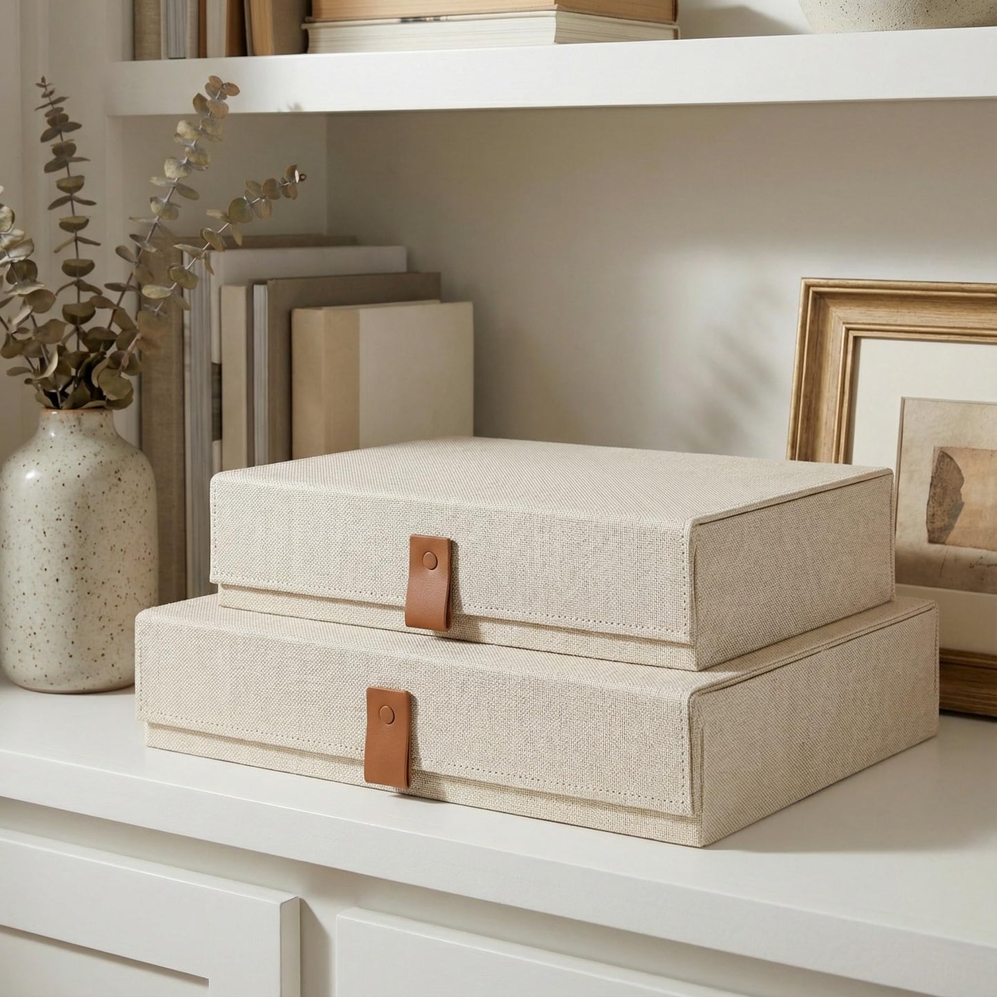 Decorative Photo Storage Boxes with Lids - Set of 2 Beautiful Linen Organizers Are Perfect to Safely Store Your Pictures, Documents, Scrapbooking Supplies, Keepsakes and Other Memories in Style