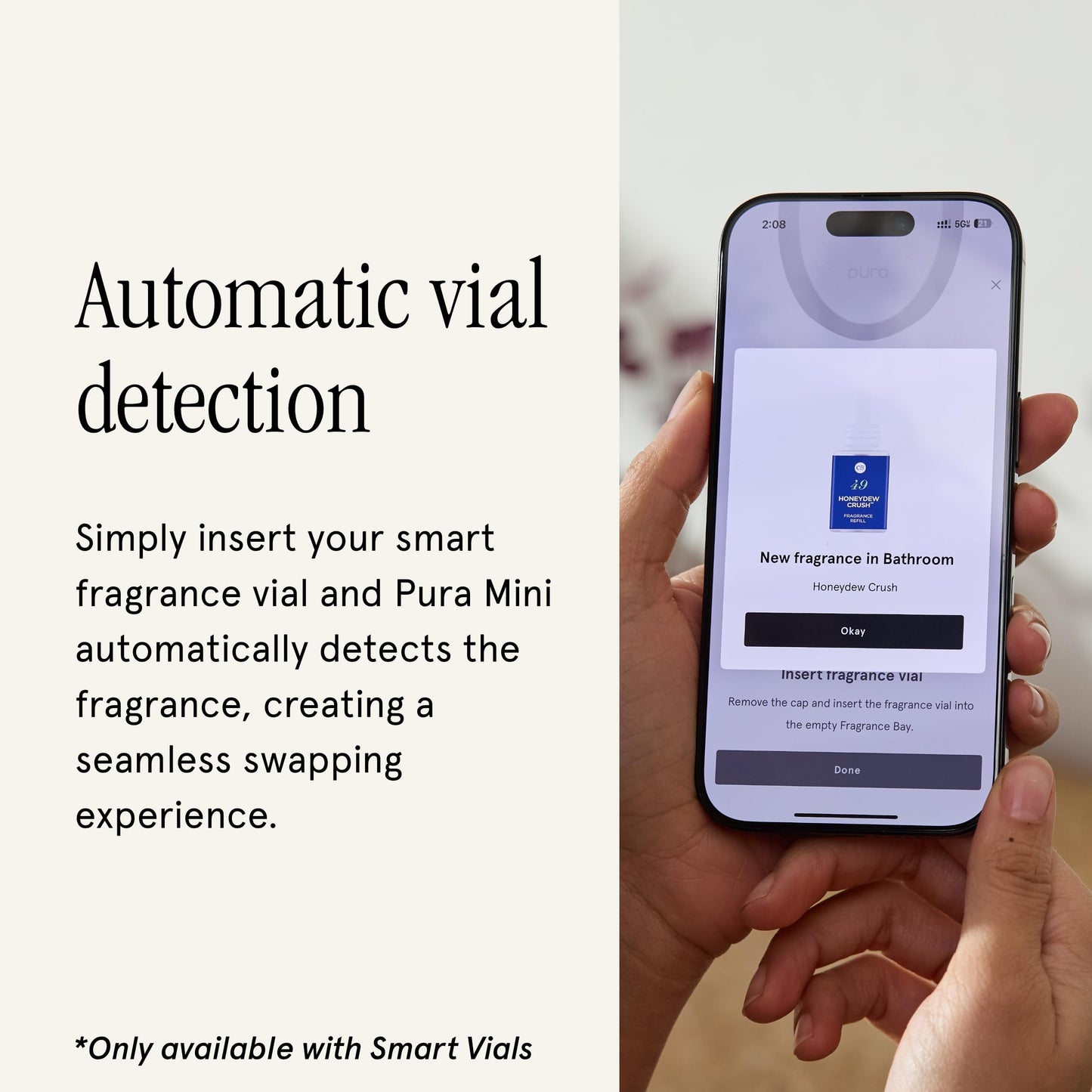 Pura Home Mini Fragrance Diffuser for Small Spaces Adjustable Smart Home Device with LED Light & Automatic Vial Detection - Includes 1 Scent Refill - Linens & Surf