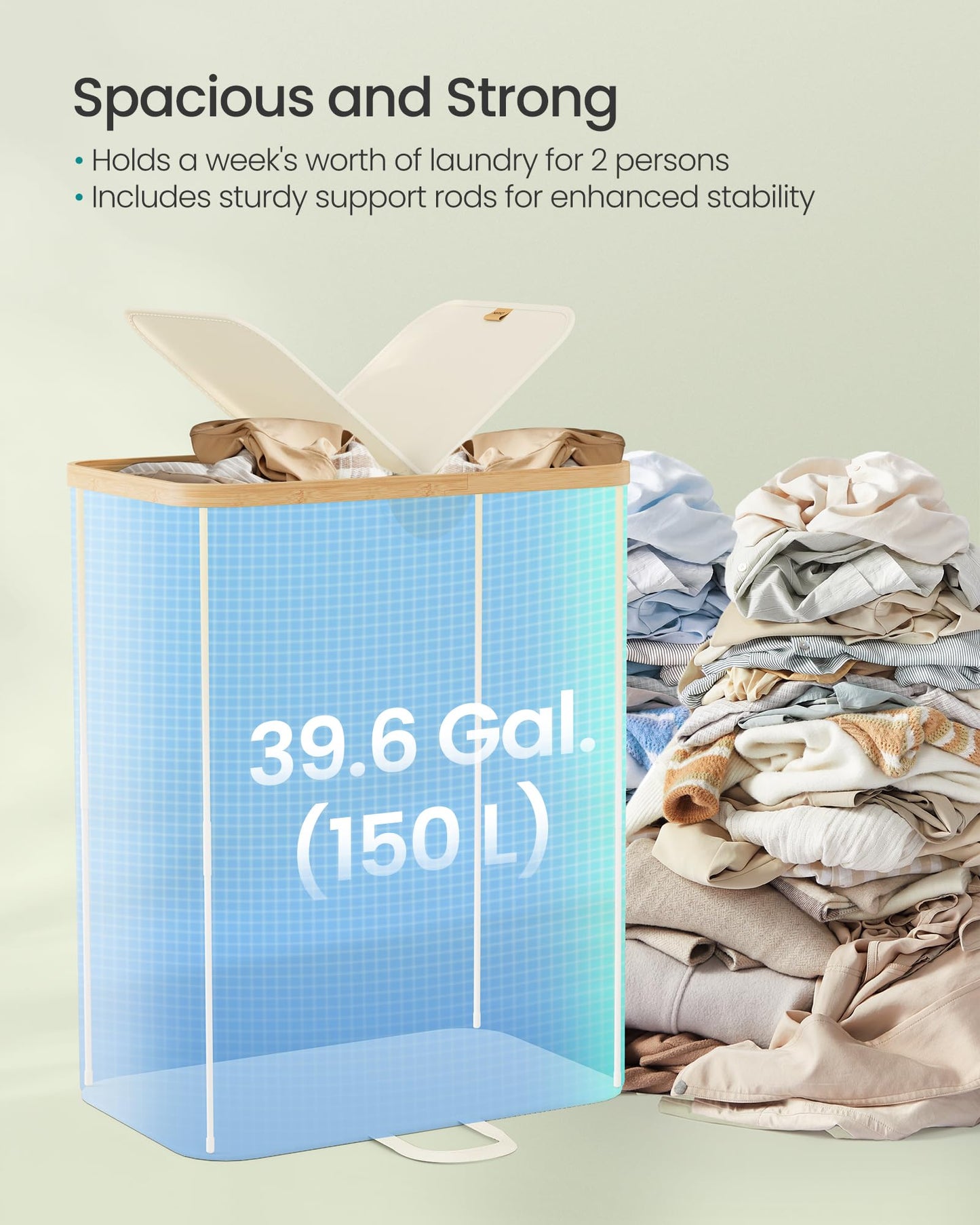 SONGMICS Laundry Hamper with Lids, Laundry Basket with 2 Compartments, 39 Gal. (150 L), Removable Liner Bag, for Laundry Room, Bedroom, Living Room, Cream White and Light Bamboo ULCB523W01