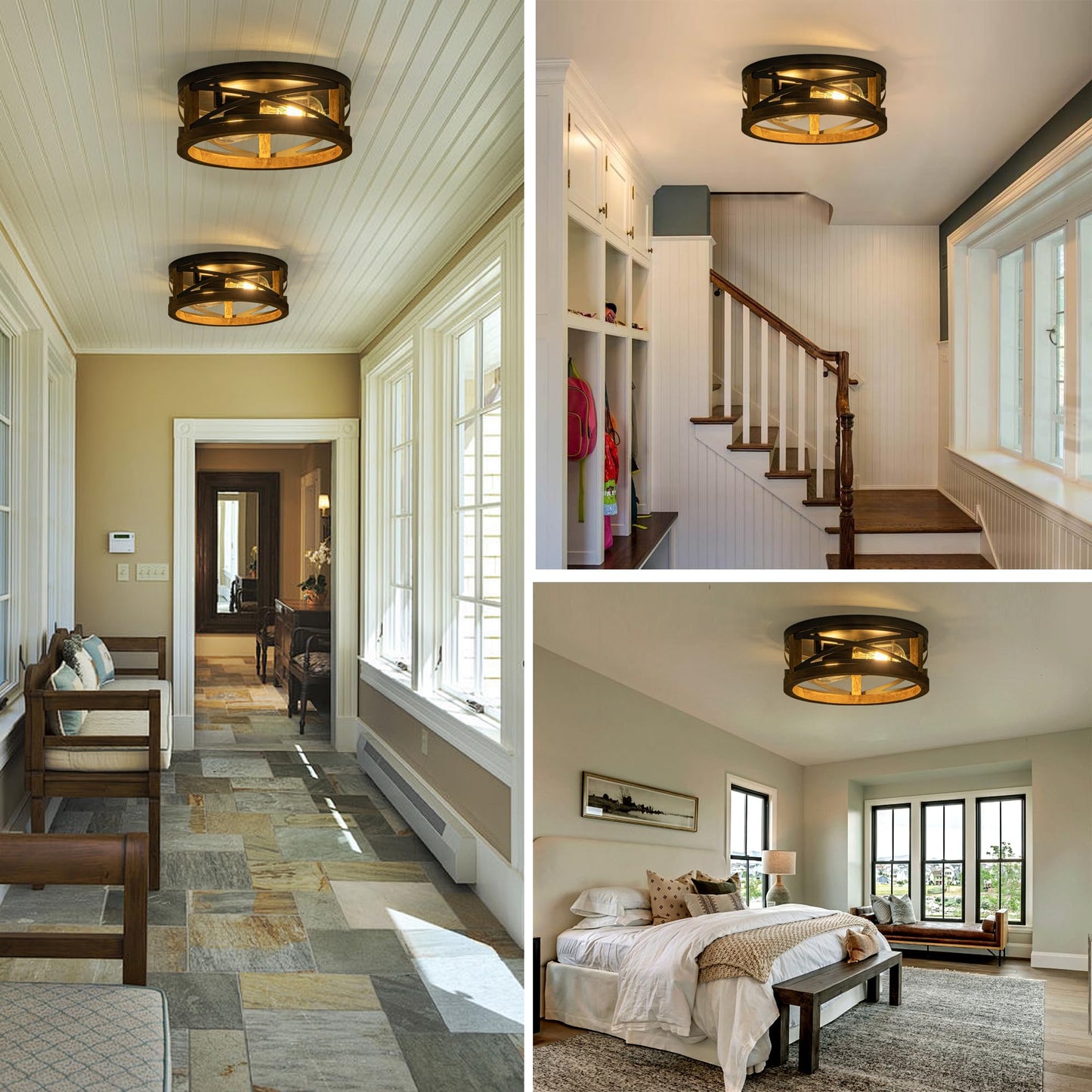 Lzglyptics Farmhouse Ceiling Light, 2-Light Round Flush Mount Ceiling Light with Wood and Metal Frame, Black Rustic Light Fixture for Hallway, Entryway, Bedroom, Kitchen