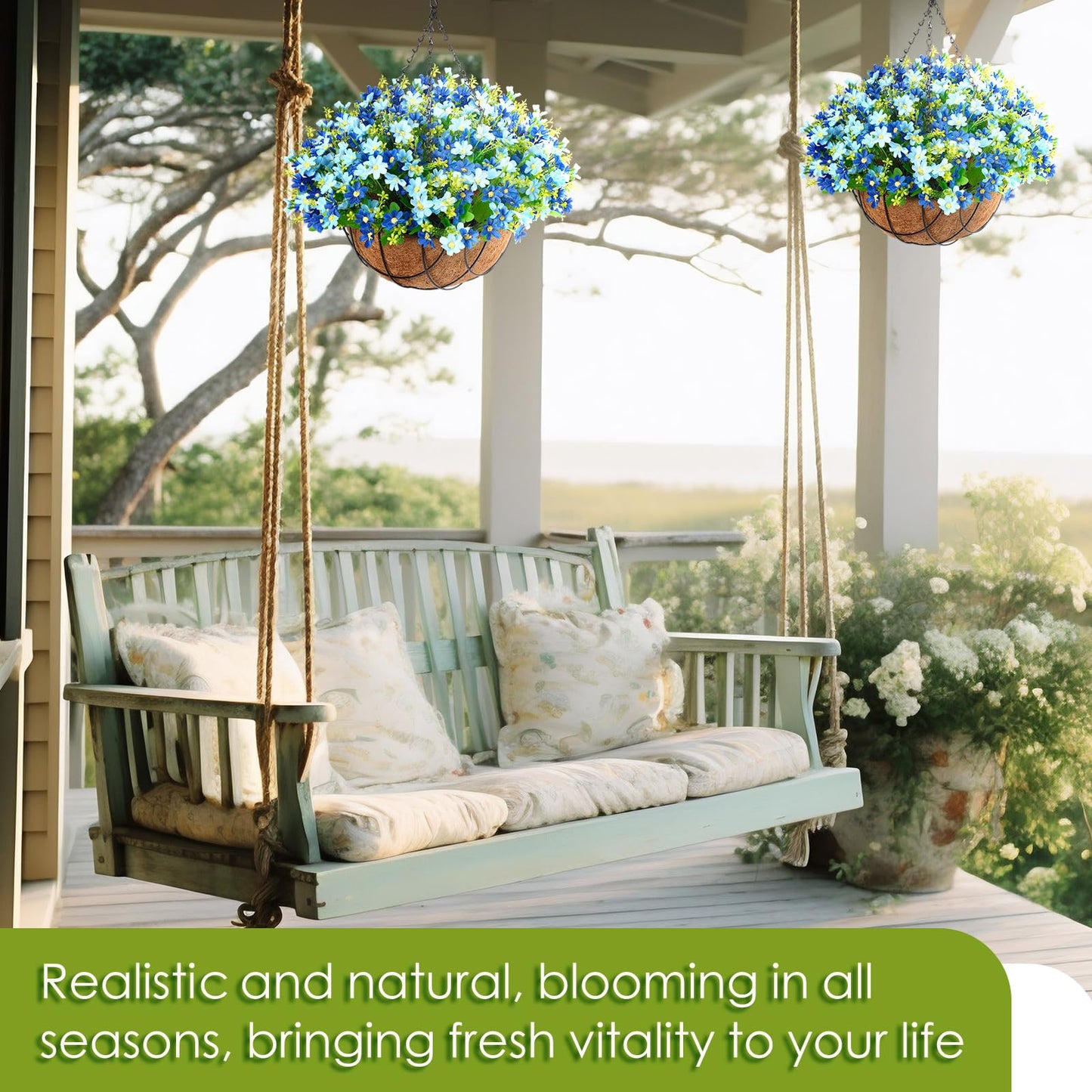 Hotop 2 Pack Artificial Hanging Baskets with Flowers for Outdoors Fake Hanging Plants for Spring Summer Porch Home Decoration Artificial Daisy Flower Arrangement in Coconut Lining Baskets(Blue)