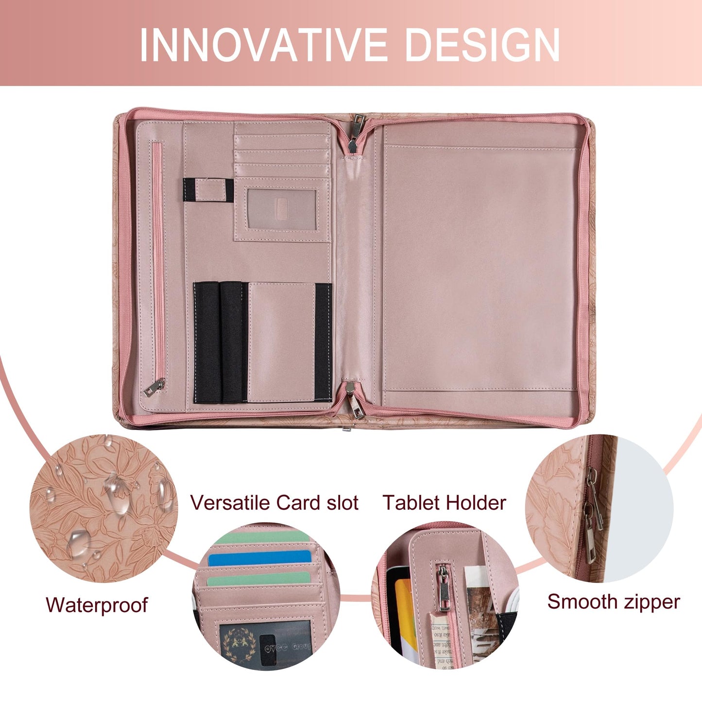 Generic Zippered Leather Padfolio Portfolio with Hidden Handle and Clipboard, Business Conference Organizer Notepad Folder, Portfolio Bag, Padfolio for Women/Men (Pink)