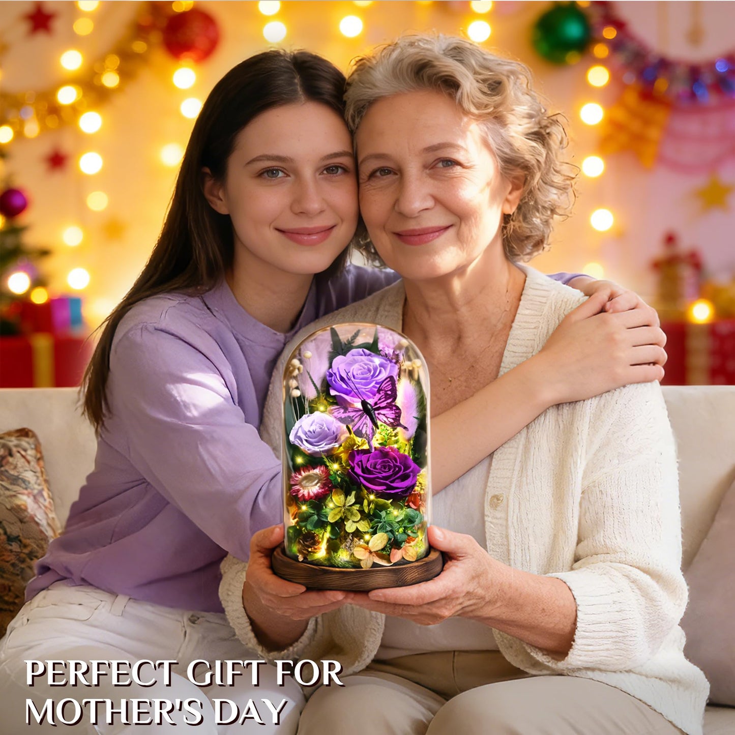 Yastouay Gifts for Mom Mothers Day Birthday Gifts for Women, Forever Rose Flowers for Delivery, Purple Preserved Roses Flowers in Glass Dome with Light Gift Box for Mom Her Women Wife Anniversary