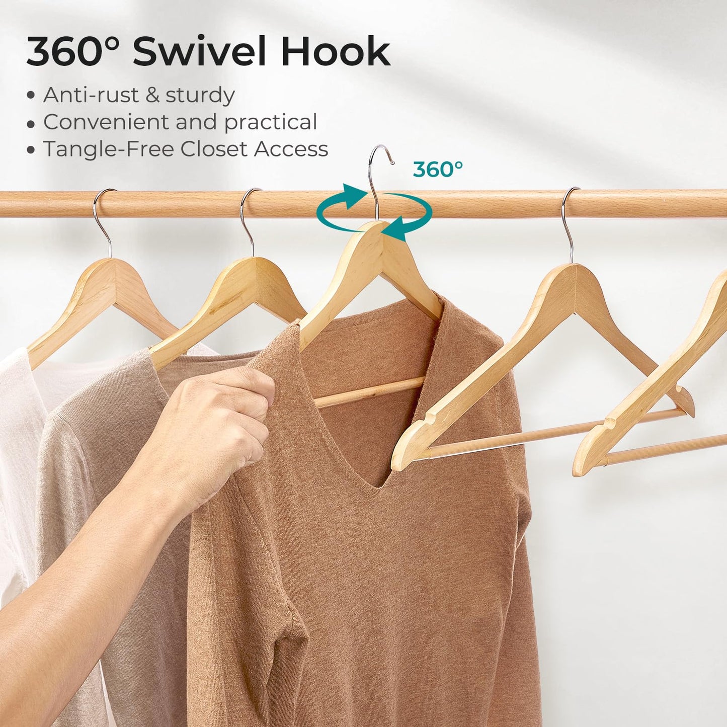 HOUSE DAY Premium Wooden Coat Hangers 30 Pack, Heavy Duty Solid Wood Clothes Hangers with 360° Swivel Hook & Pant Bar for Jackets, Dress, Shirts, Natural Wood Suit Hanger for Closet Organizer