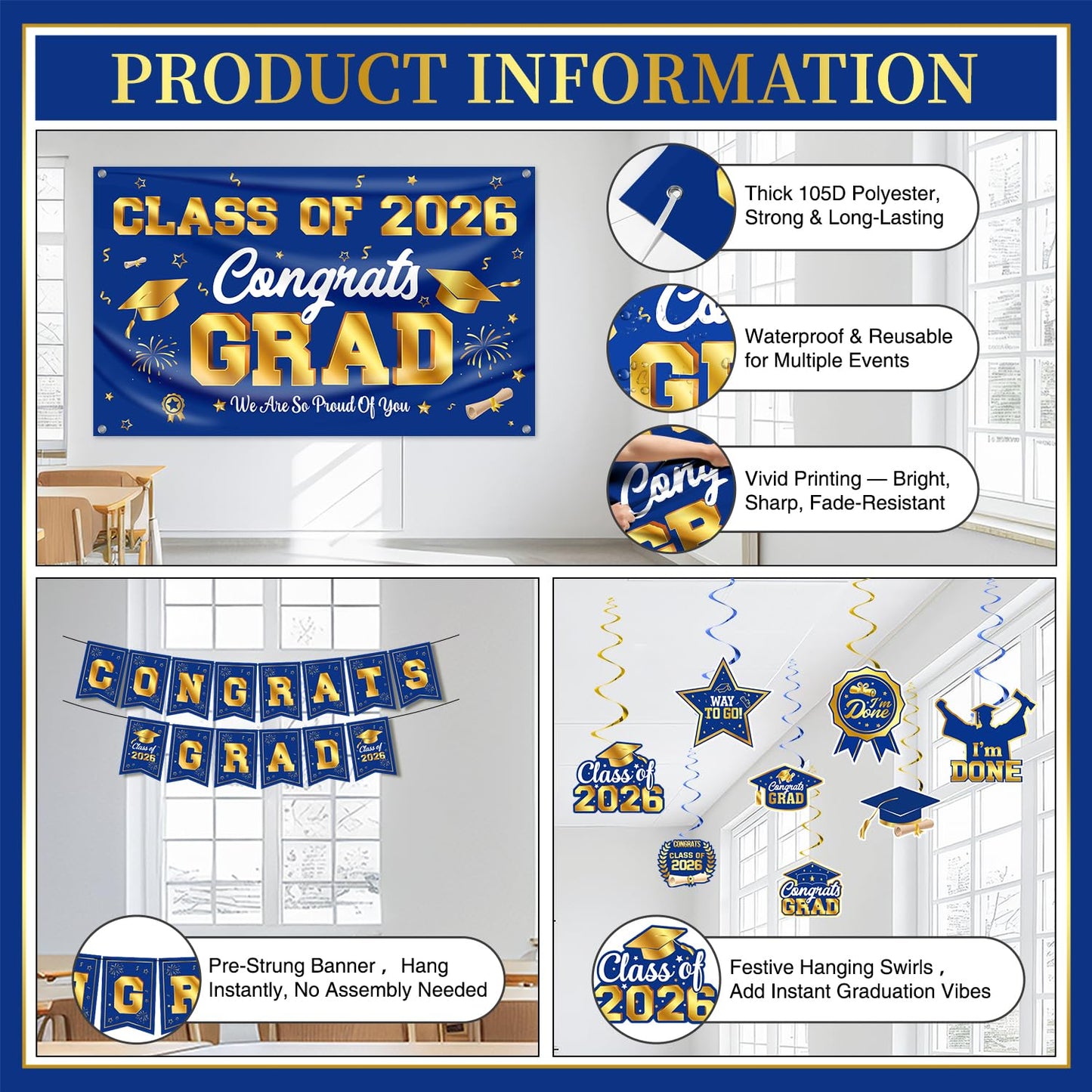 Graduation Decorations 2026 Blue and Gold Graduation Party Decor Set include Congrats Grad Banner Backdrop Class of 2026 Balloons Party Supplies