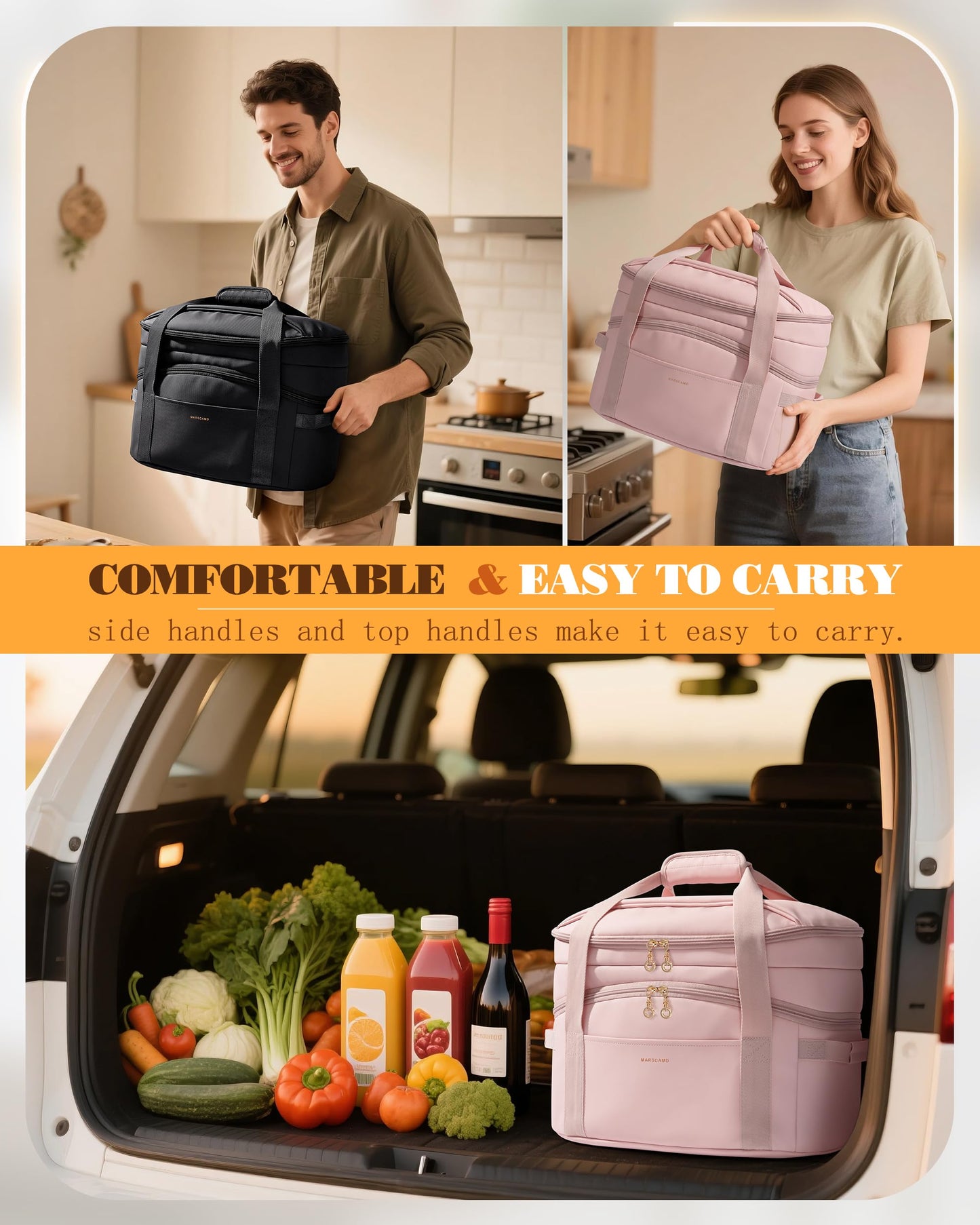 Marscamd Double Layers Slow Cooker Carrying Bag Compatible with 6-8 Quart Crockpot and Hamilton Beach, Slow Cooker Insulated Carrier with Utensils Storage Section, Pink