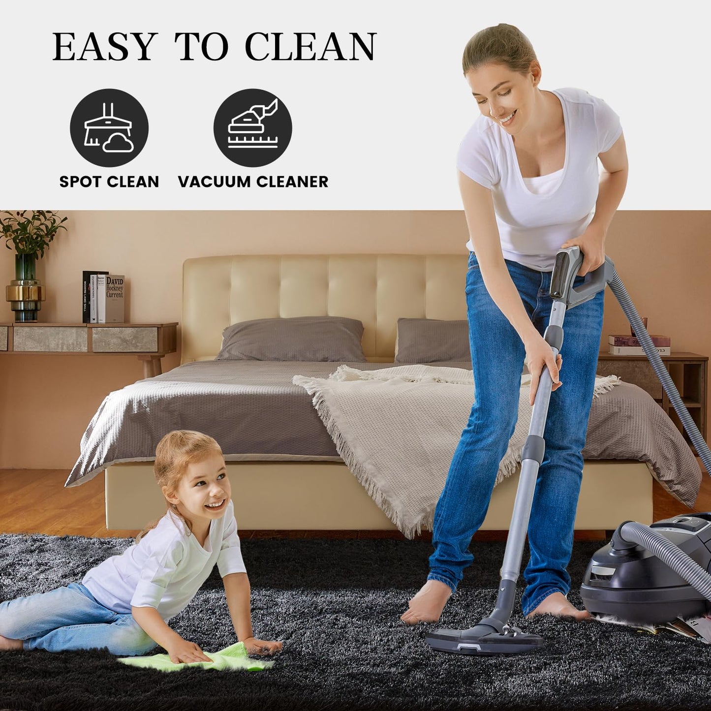 KNZE Super Soft Area Rugs for Living Room 5x7 Black, Fluffy Furry Shaggy Fuzzy Area Rug, Upgrade Anti-Skid Rectangular, High Pile Soft Throw Rug for Bedroom and Kids Room, Home Decor Aesthetic