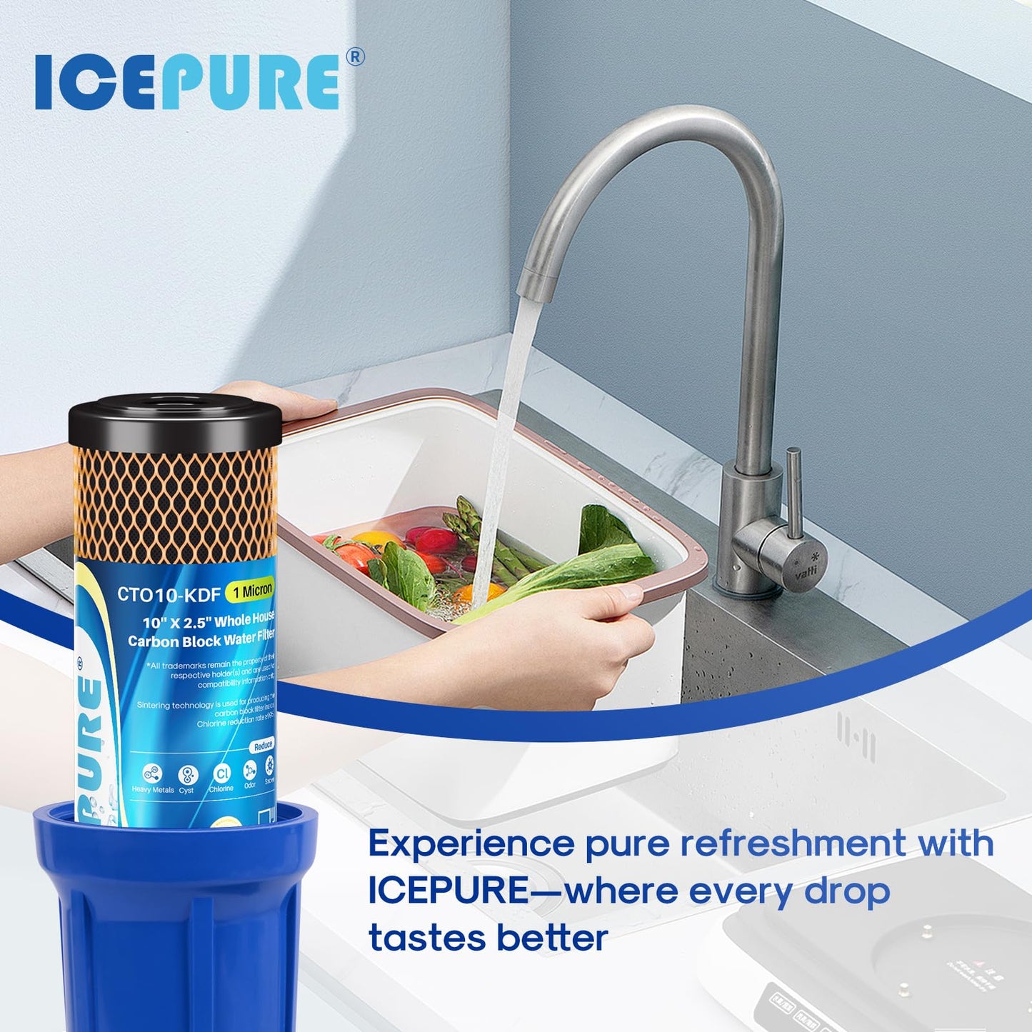 ICEPURE 1 Micron 2.5" x 10" Whole House Water Filter Coconut Shell Activated CTO Carbon and KDF Cartridge for Home, Compatible with WFPFC8002, WFPFC9001, FXWTC, SCWH-5, WHEF-WHWC, AMZN-SCWH-5, 3PACK