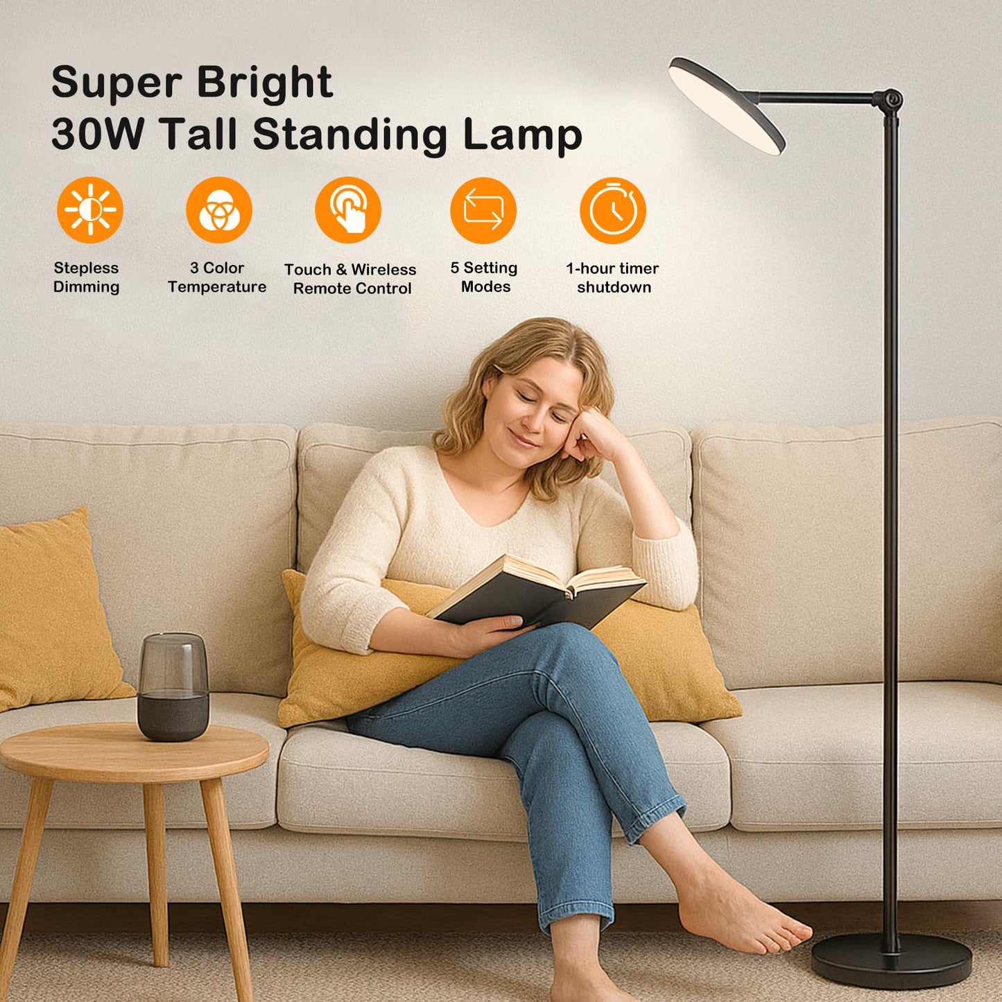 Lsoppn Sky Floor Lamps for Living Room, 30W/3000LM Super Bright LED Torchiere Lamp, Remote Control Stepless Dimmable Tall Standing Lamp, Modern 6ft Floor Lamp for Bedroom, Office