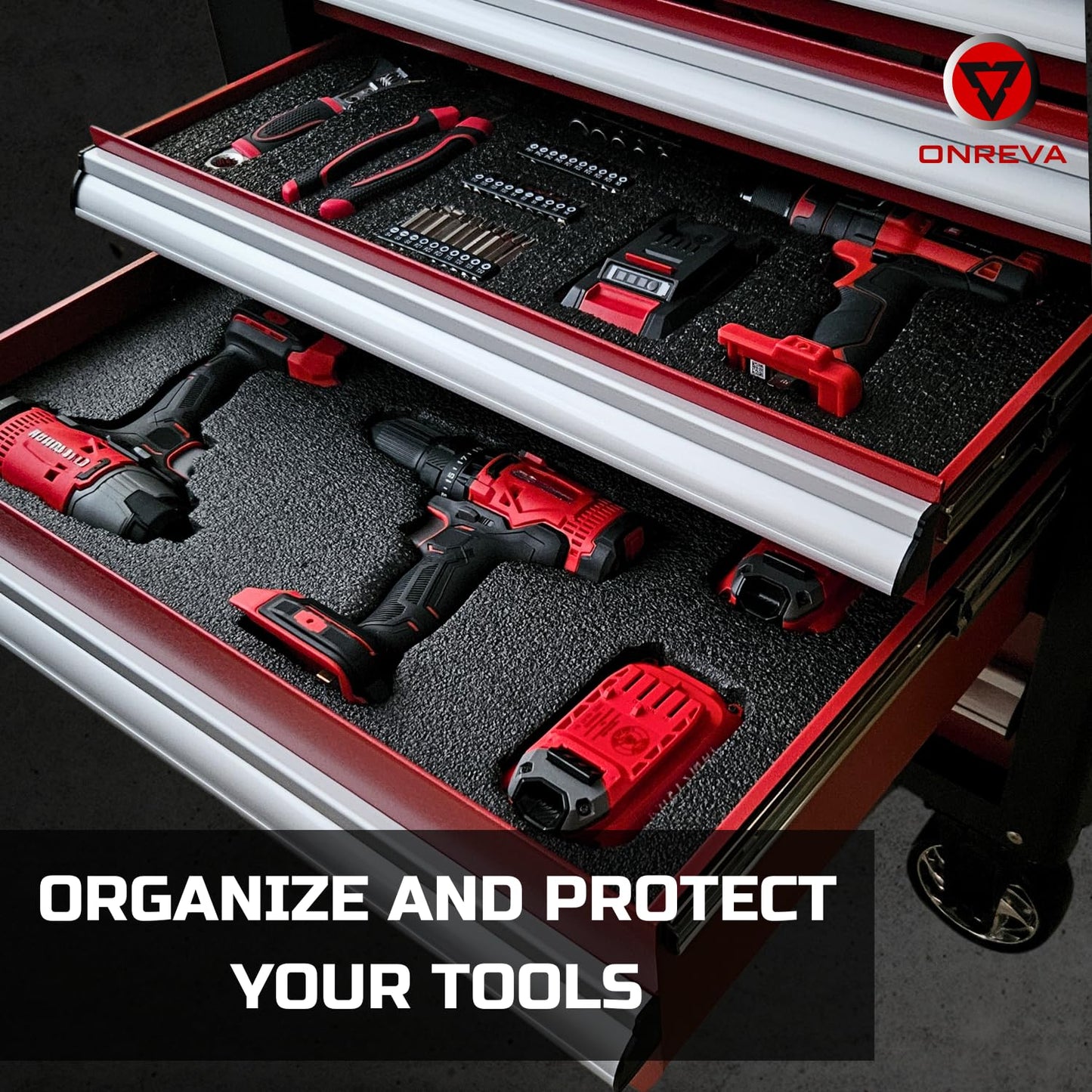 ONREVA Tool Box Foam 4Pack 2pc 18x12x2in & 2pc 18x12x1in, Foam Inserts for Cases, Polyethylene Storage Sheets for Toolbox Hard Case, Tool Shadow Insert, Kaizen Organizer Sheet, Black with Red