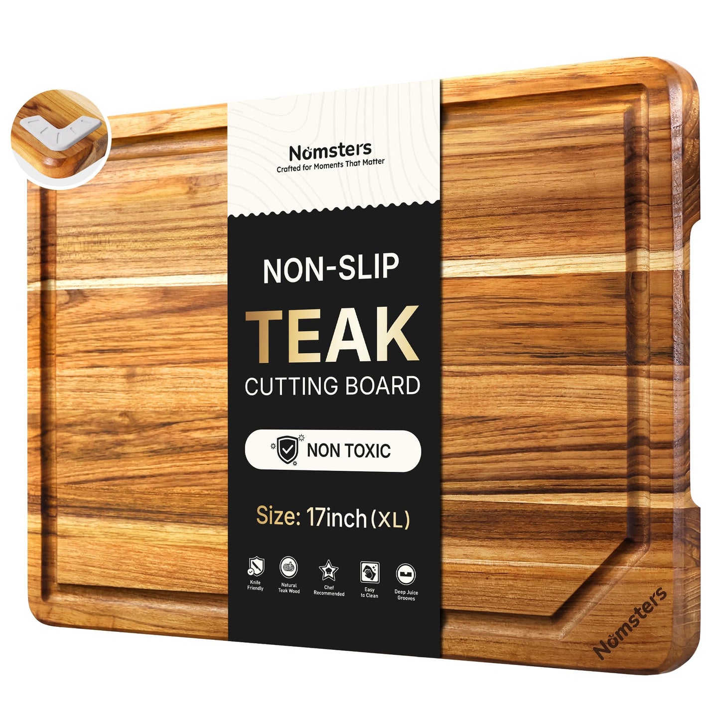 17'' Teak Wood Cutting Board for Kitchen Non Slip Charcuterie Board Serving Heavy Duty Non Toxic Wooden Chopping Board Thick Haus Edge Grain Wood, Knife Friendly Housewarming Gifts - FSC Certified
