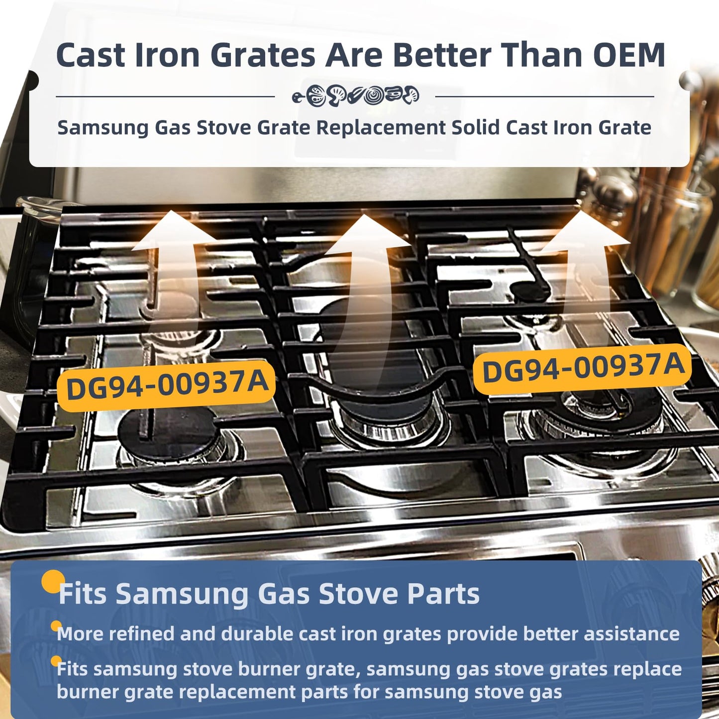 DG94-00937A Cast Iron Gas Stove Grate Replacement for Samsung Gas Stove top Support Parts NX58H9500WS NX58H5600SS NX58R5601SS Samsung Gas Range Surface Burner Grates Replacement Parts DG94-00468A