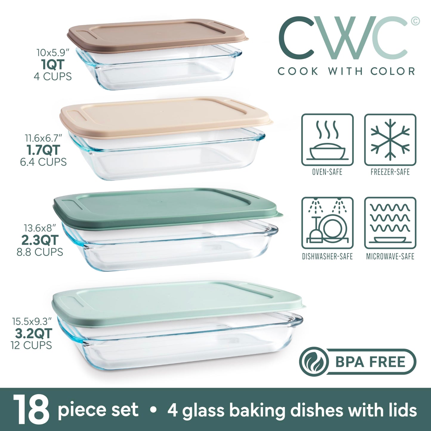COOK WITH COLOR 8-Piece Deep Glass Baking Dish Set with Plastic Lids – Casserole and Food Storage Containers for Lasagna, Leftovers – Freezer-to-Oven, Microwave & Dishwasher Safe, Mint