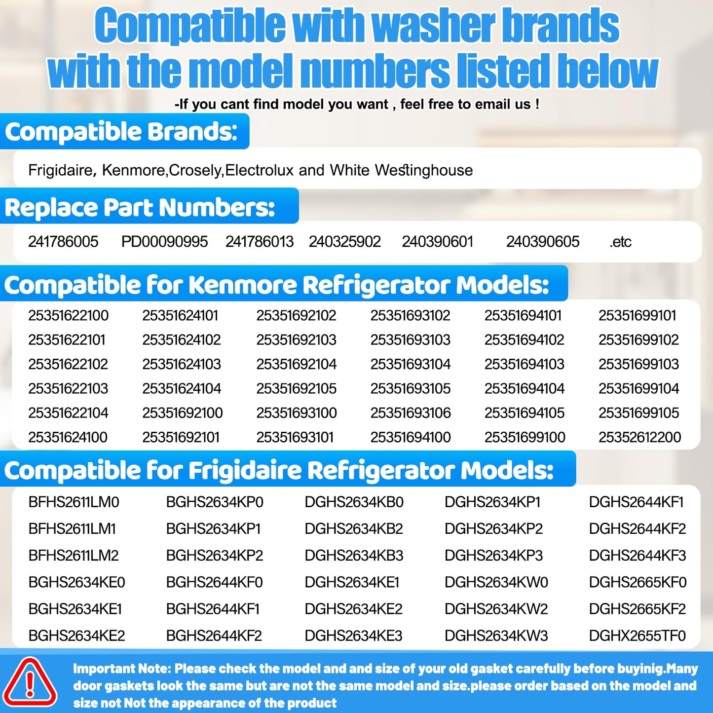 Upgraded 63"x 19.48" 241786005 Refrigerator Fresh Food Door Gasket Compatible with Frigidaire and Kenmore Refrigerator Door Seal 241674801 241786005 241786009 PS17990264 4993961 Fridge Seal Black
