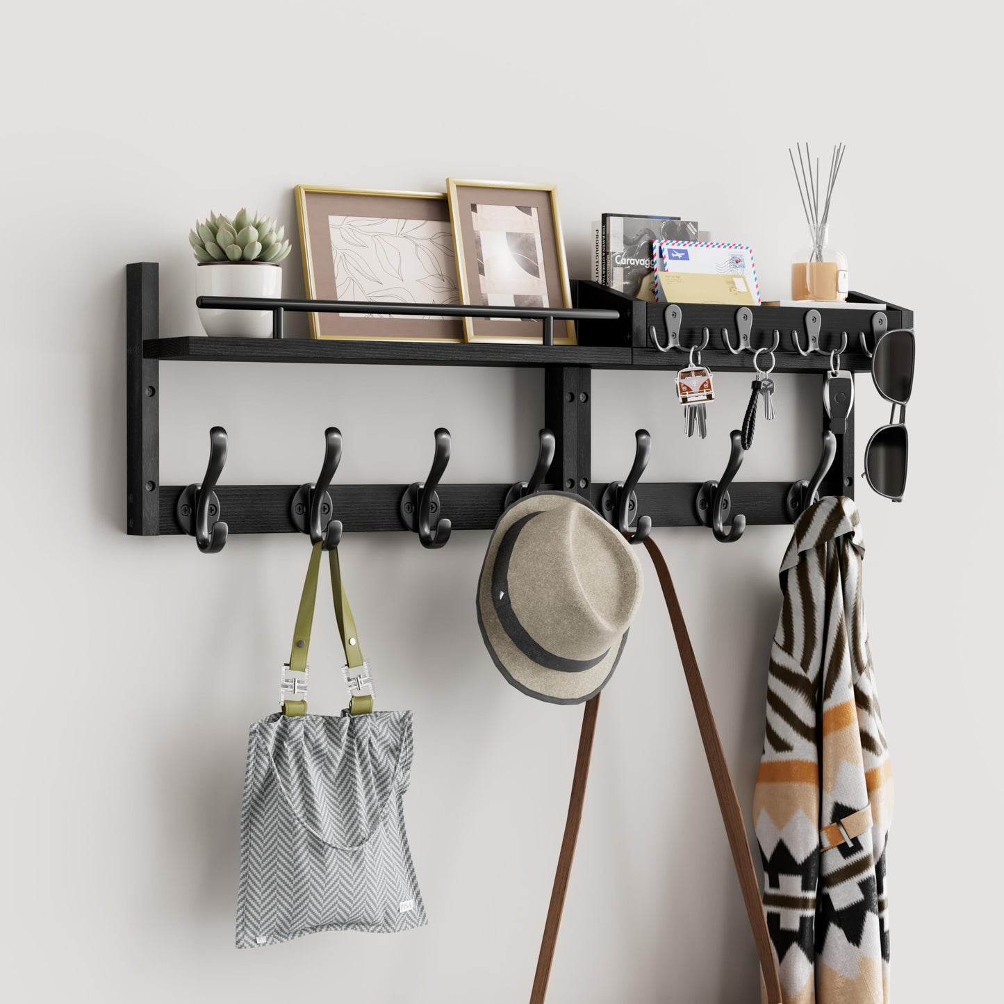 Segtenant 29 inch Coat Rack Wall Mount with Shelf, Heavy Duty Coat Hooks Wall Mount, Entryway Coat Hanger Wall Shelf with Key Holders and Mail Organizer for Living Room, Bedroom, Bathroom, Black