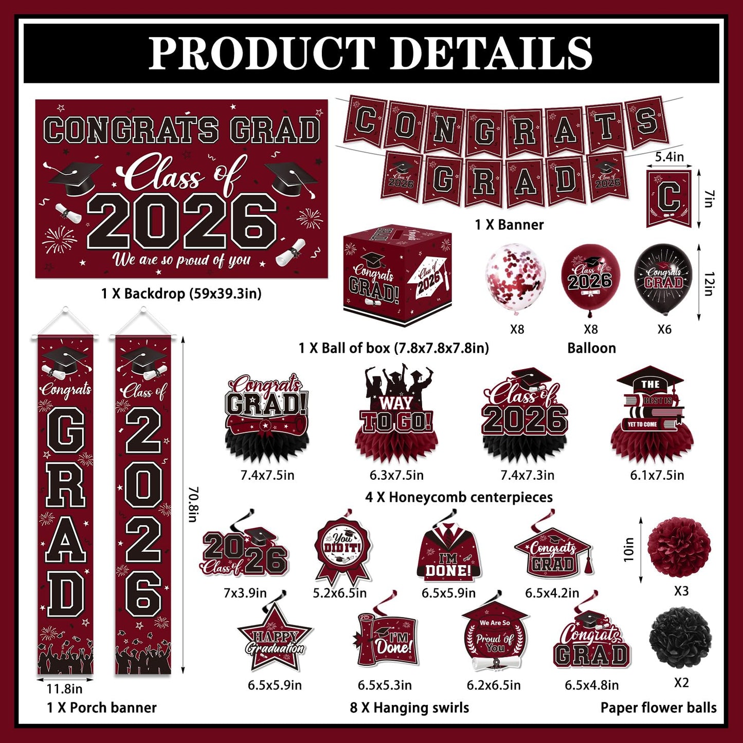 Graduation Decorations 2026 Maroon Party Decor Set with Congrats Grad Banner, Class of 2026 Backdrop, Balloons, Box & Streamers Supplies for High School & College Celebrations