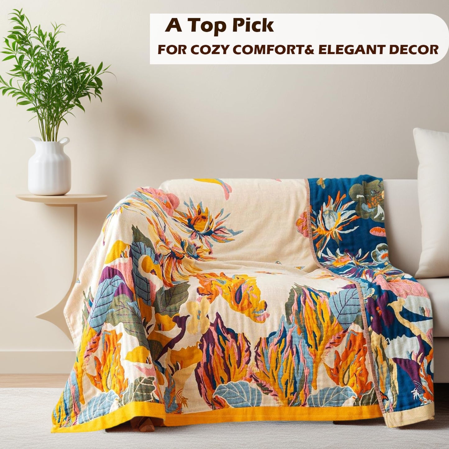 VANJOROY Boho Throw Blanket 60" x 80", 100% Organic Cotton Skin-Friendly Lightweight Ultra Soft Bed Quilt Throw - Summer Floral Butterfly Farmhouse Decor Blanket for Sofa Couch Chair and Gift.