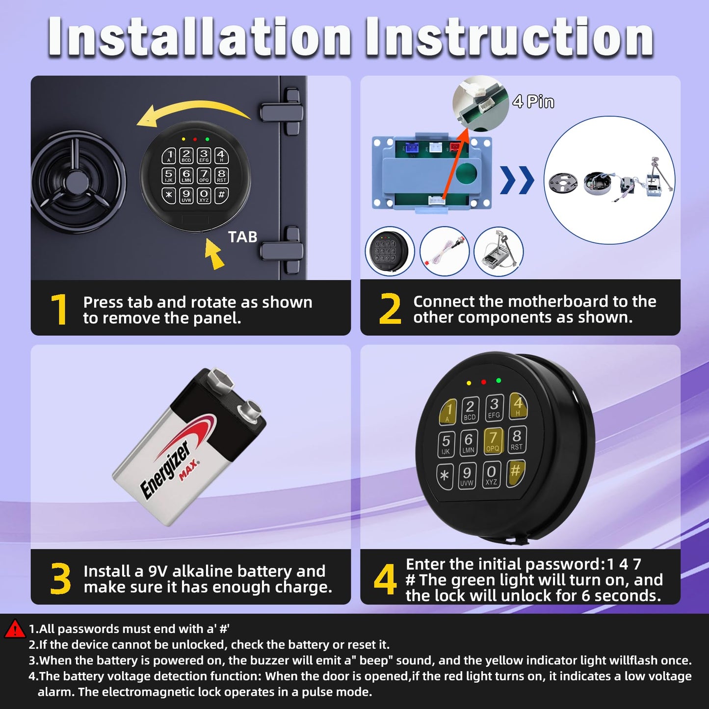 Gun Safe Lock Replacement with 2 Override Keys & Solenoid Black Keypad Safe Electronic Safe Lock for Fireproof Safe Box