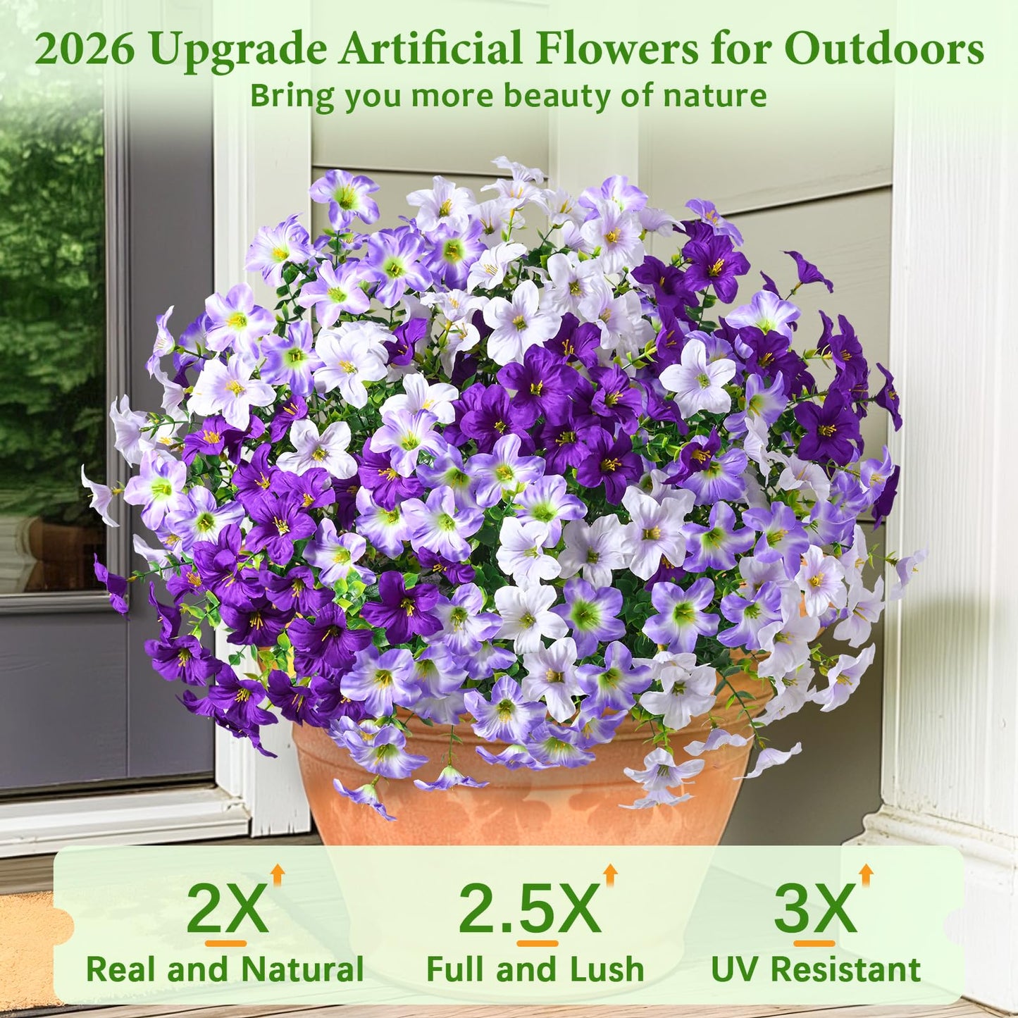 MARTINE MALL 24 Bundles Look Real Artificial Flowers for Outdoors, Realistic Fake Outdoor Flowers, UV Resistant Silk Petunia Flowers for Outside Faux Flowers for Outdoor Garden, Mixed Purple