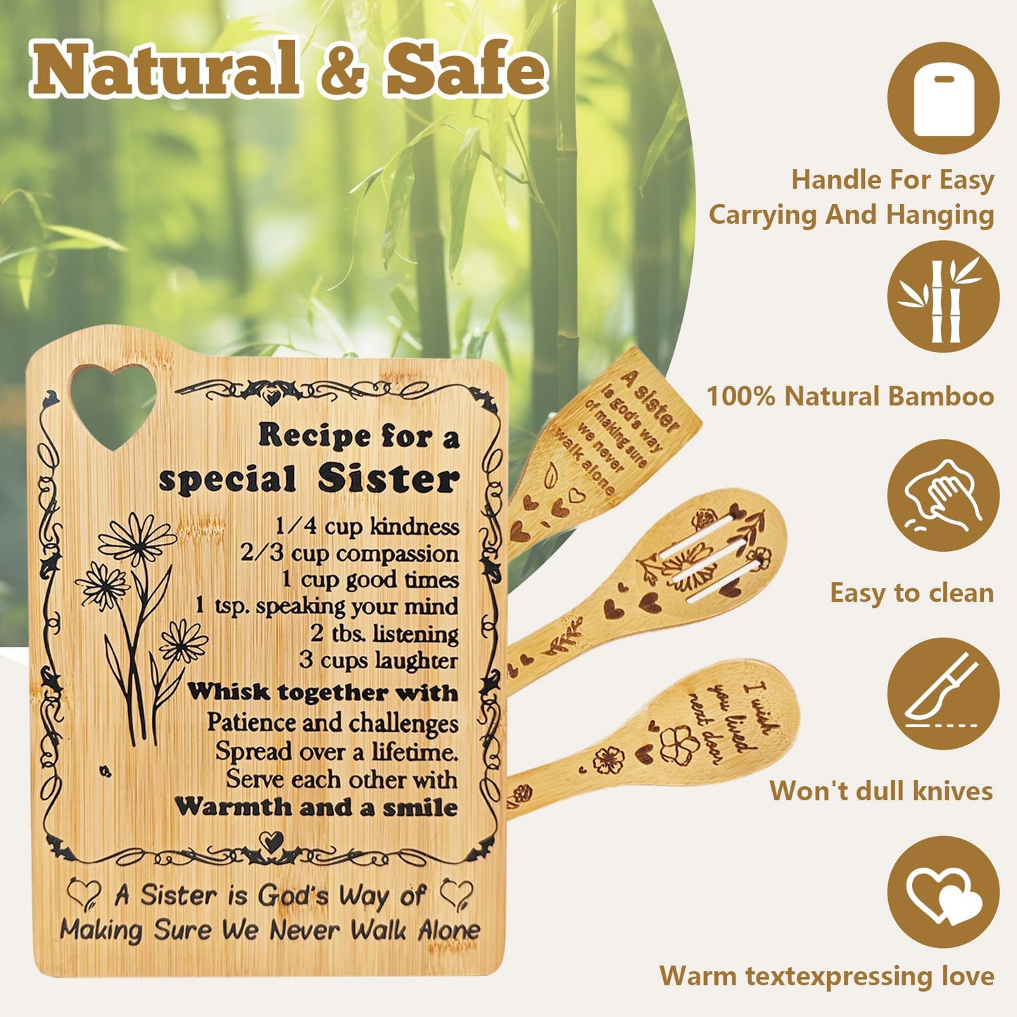 Sister Birthday Gifts - "Recipe for a Special Sister " Cutting Board Set, Bamboo-Made Engraved Utensil Set Sister Gifts from Sister or Brother (For Sister)