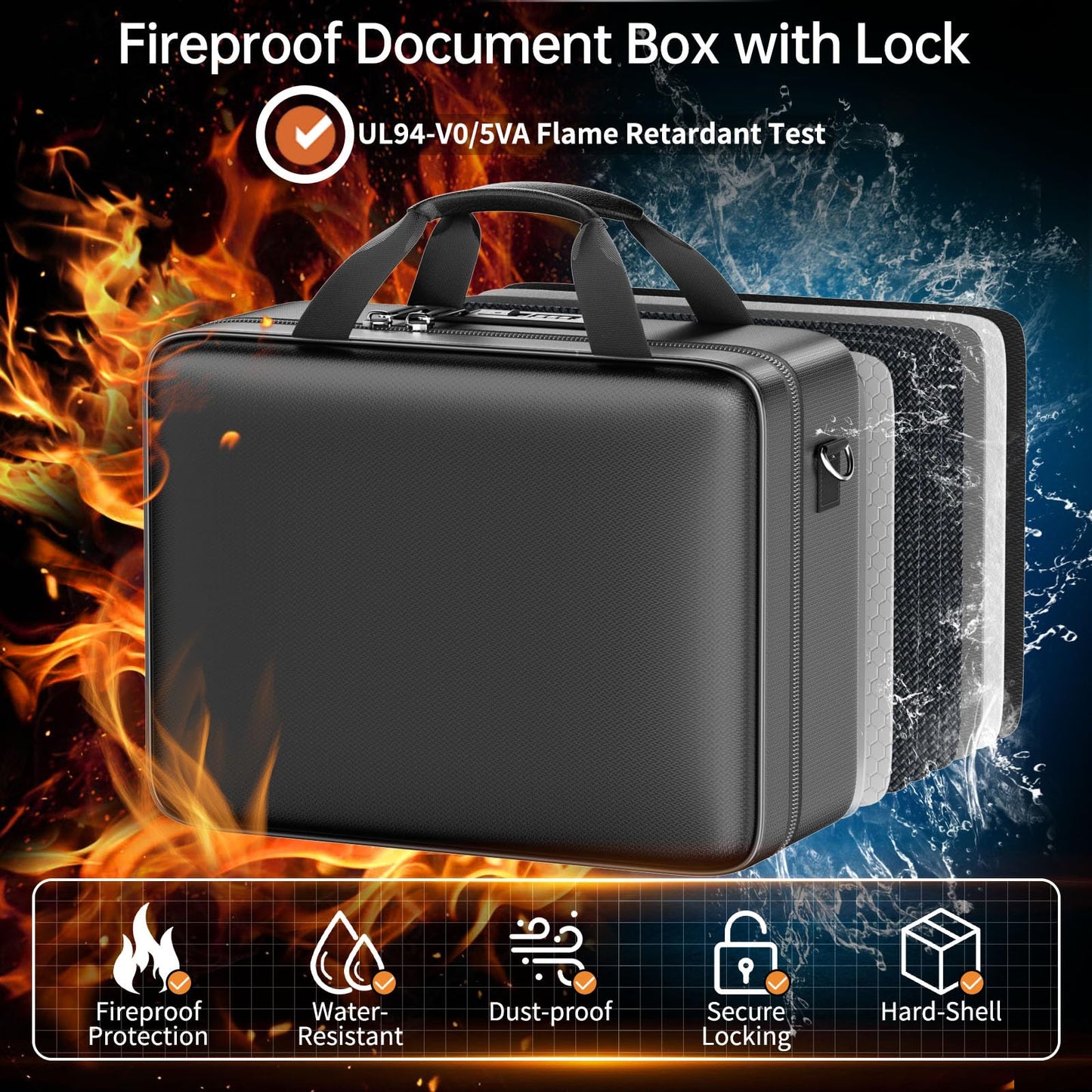 ENGPOW Fireproof Document Box with Lock, Fireproof Water Resistant Hard Case File Organizer Safe Box with Multi Pockets, Protects Important Documents Certificates Laptop Passports (Black)