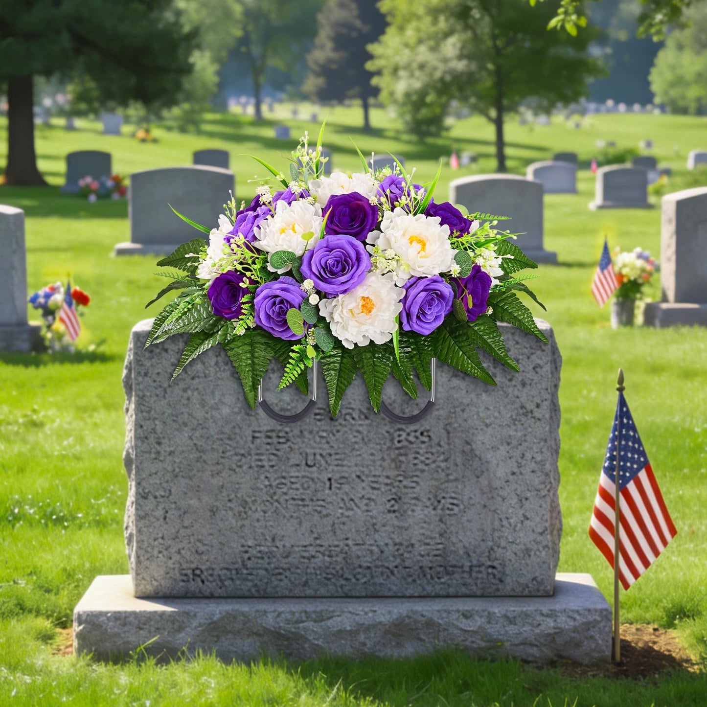 Yastouay Headstone Flower Saddle, Artificial Cemetery Flowers for Grave, Realistic Memorial Day Flowers with Peony Rose, UV Resistant Grave Decorations for Cemetery, Easter Mother’s Day (Purple)