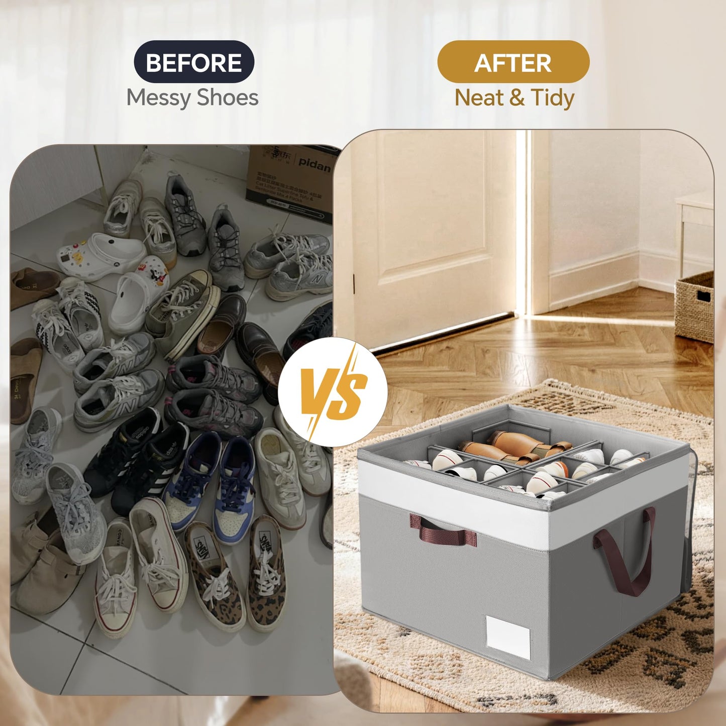 Criusia Shoe Organizer for Closet, 2 Pack Foldable Shoe Storage Organizer Box Bin with Adjustable Dividers and Clear Cover, Closet Shoe Storage for Sneakers Sandals Boots, Fit 16-32 Pairs, Gray