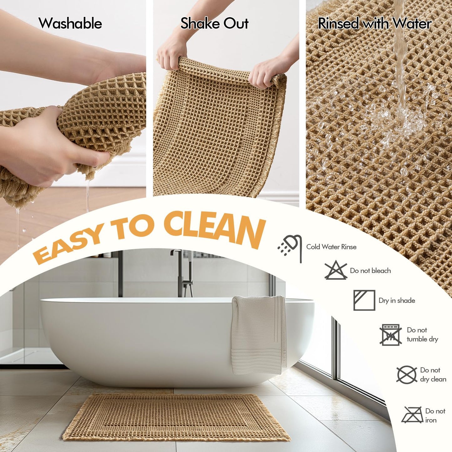 MIULEE Set of 2 Waffle Bathroom Rugs, Boho Bath Rug Super Absorbent, Non Slip Washable Ultra Soft Rubber Backed Shower Bath Mats for Floor, Tub, Shower, Looped Design, Brown, 17"x24"+18"x30"
