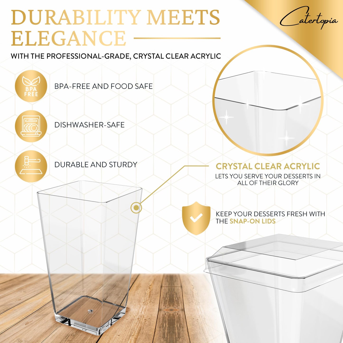 100 Pack 3 oz Mini Dessert Cups with Lids and Spoons (Gold Spoons) - Plastic Shooter Appetizer Parfait Cups with Lids Reusable - BPA Free Catering Supplies for Party - Dessert Serving Bowls