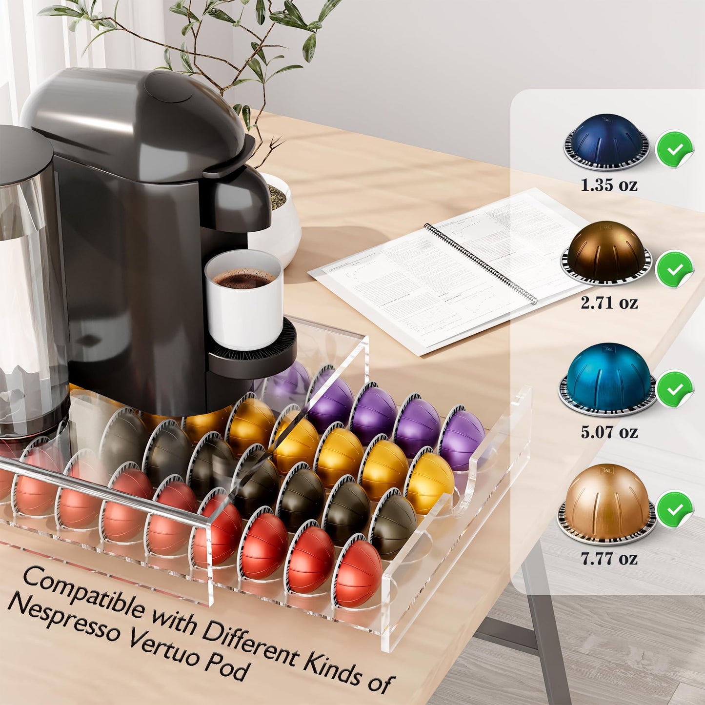 BXINREDA Acrylic Coffee Pod Organizer for Nespresso Vertuo Pod Holder 40 Pods Clear Vertuo Pod Storage Drawer (1 Tier) (Clear)
