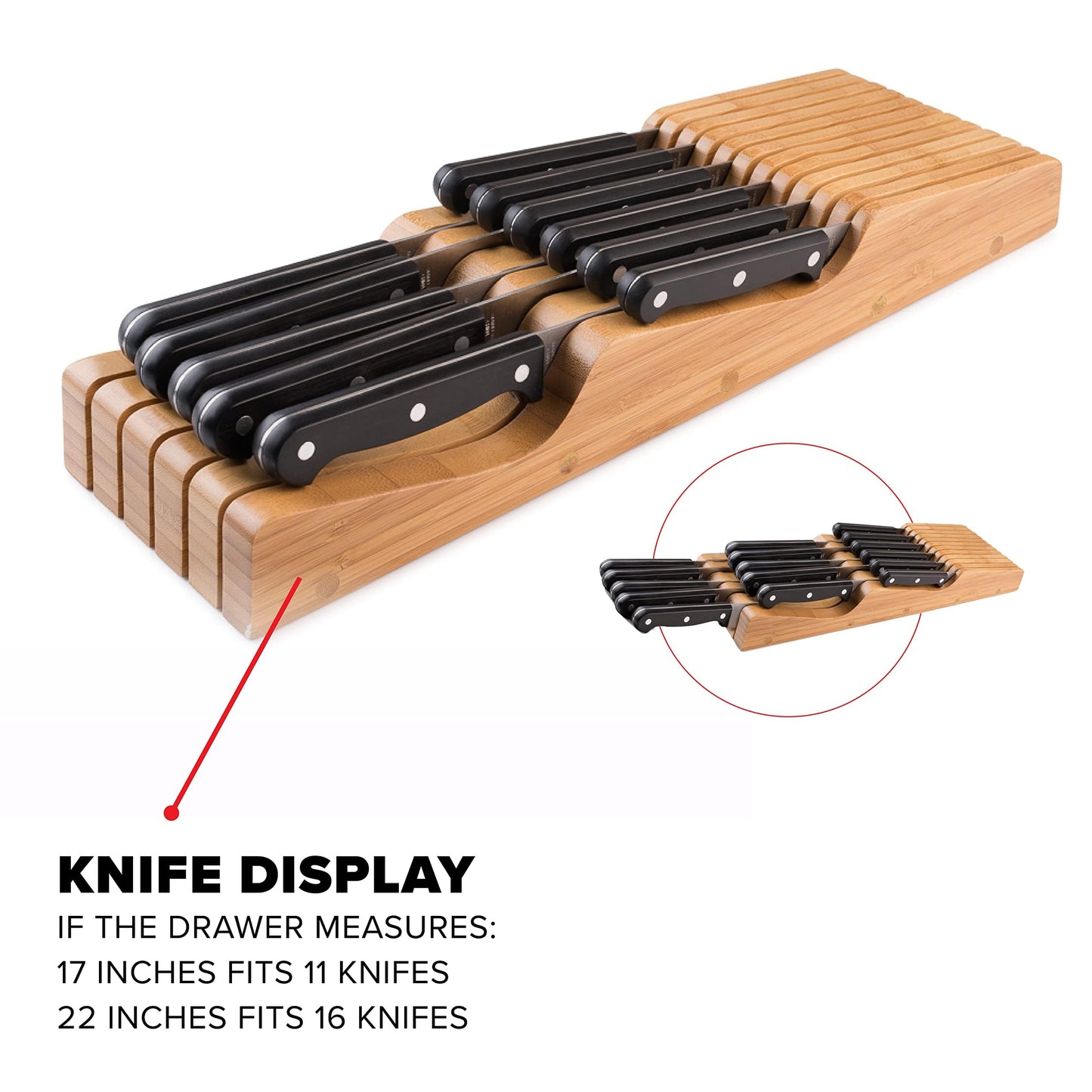Bellemain 100% Pure Bamboo in Drawer Knife Block | 16 Knife Slots Knife Drawer Organizer | Store Knives Safely with The Blades Down | Storage Solution for Your Kitchen | Knife Organizer Drawer Insert