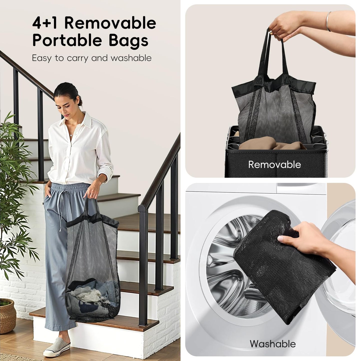 Vexalora Laundry Hamper 4-Section with Lid, 185L Laundry Sorter with 4 Removable Bags + 1 Extra Large Bag, Switchable 3/4 Compartment, Laundry Basket Organizer for Bedroom, Laundry Room，Black