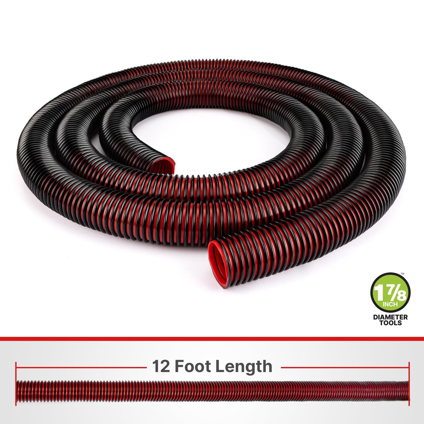 Shop-Vac Premium Universal Hose Plastic 12'X 1-7/8", Vacuum Hose Compatible with Rigid, Dewalt, Husky, Craftsman, Bauer, Masterforce Vacuum Cleaners
