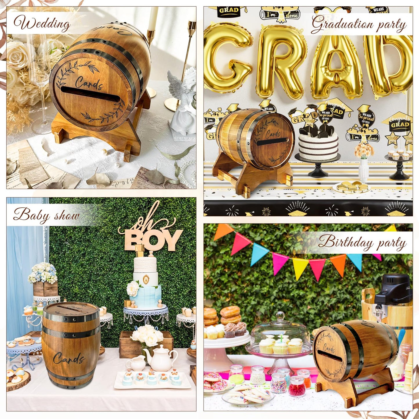 OurWarm Wooden Wedding Card Box for Party with Base, Brown Whiskey Barrel Gift Card Box Holder for Cards Envelops and Money, Rustic Wedding Decor for Graduation Baby Shower Birthday Party