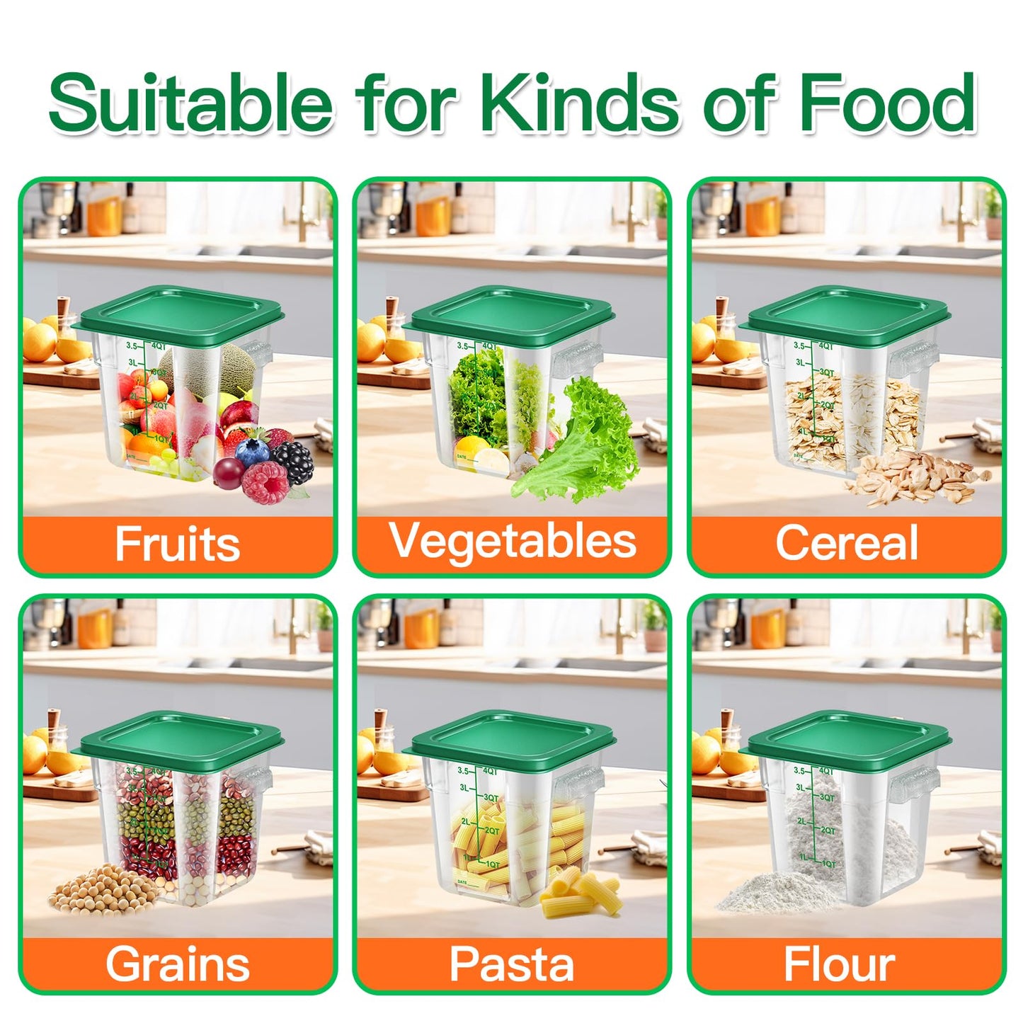 FeyBuosk 4 pcs 4qt Food Storage Containers with Lid, Square Clear Commercial Food Storage Containers with Handle and Scale for Food Storage in Home Kitchen & Dining (Green)