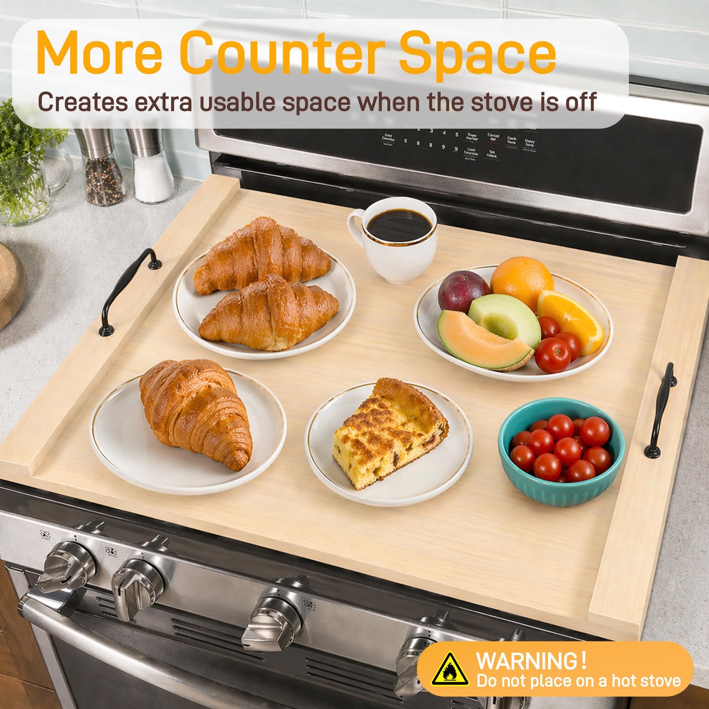 Sevenjungle Noodle Board Stove Cover, Wooden Stovetop Cover with Non-Slip Feet, Handle & Raised Lip, Extra Counter Space for Kitchen (29.5” x 22” Natutal)