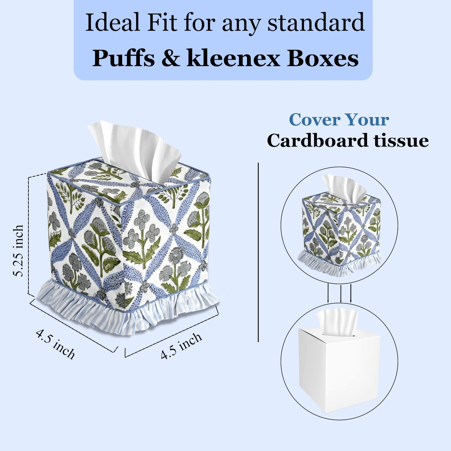 Ridhi Light Steel Blue Block Print Ruffle Tissue Box Cover Handmade Cotton Decorative Square Napkin Holder for Home Bedroom Living Room Bathroom Vanity Countertop Car Office Kitchen