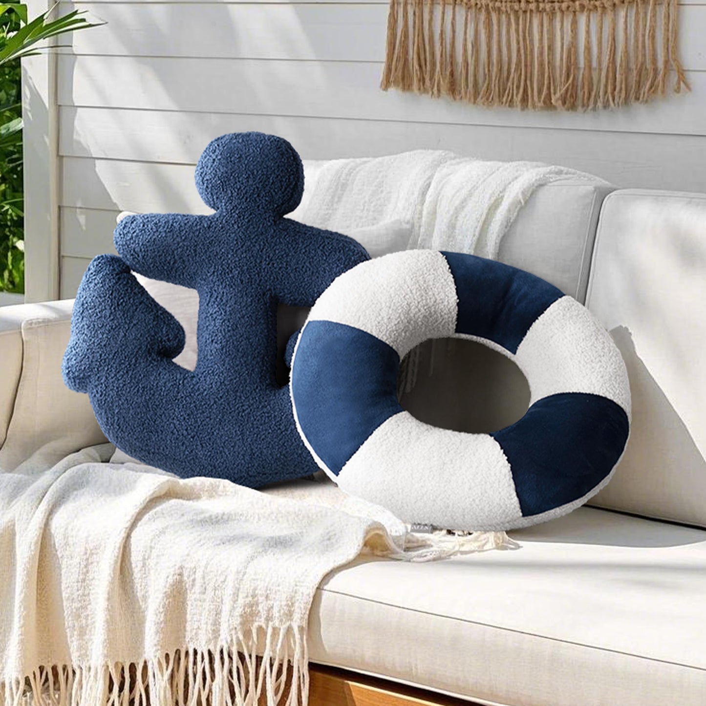 AELS 3D Anchor & Lifebuoy Nautical Throw Pillows, 19.6"& 15.7" Set of 2, Coastal Decor for Beach Enthusiasts Beach House, Ideal for Sofa Couch Living Room Bedroom and Nursery, Navy Blue and White