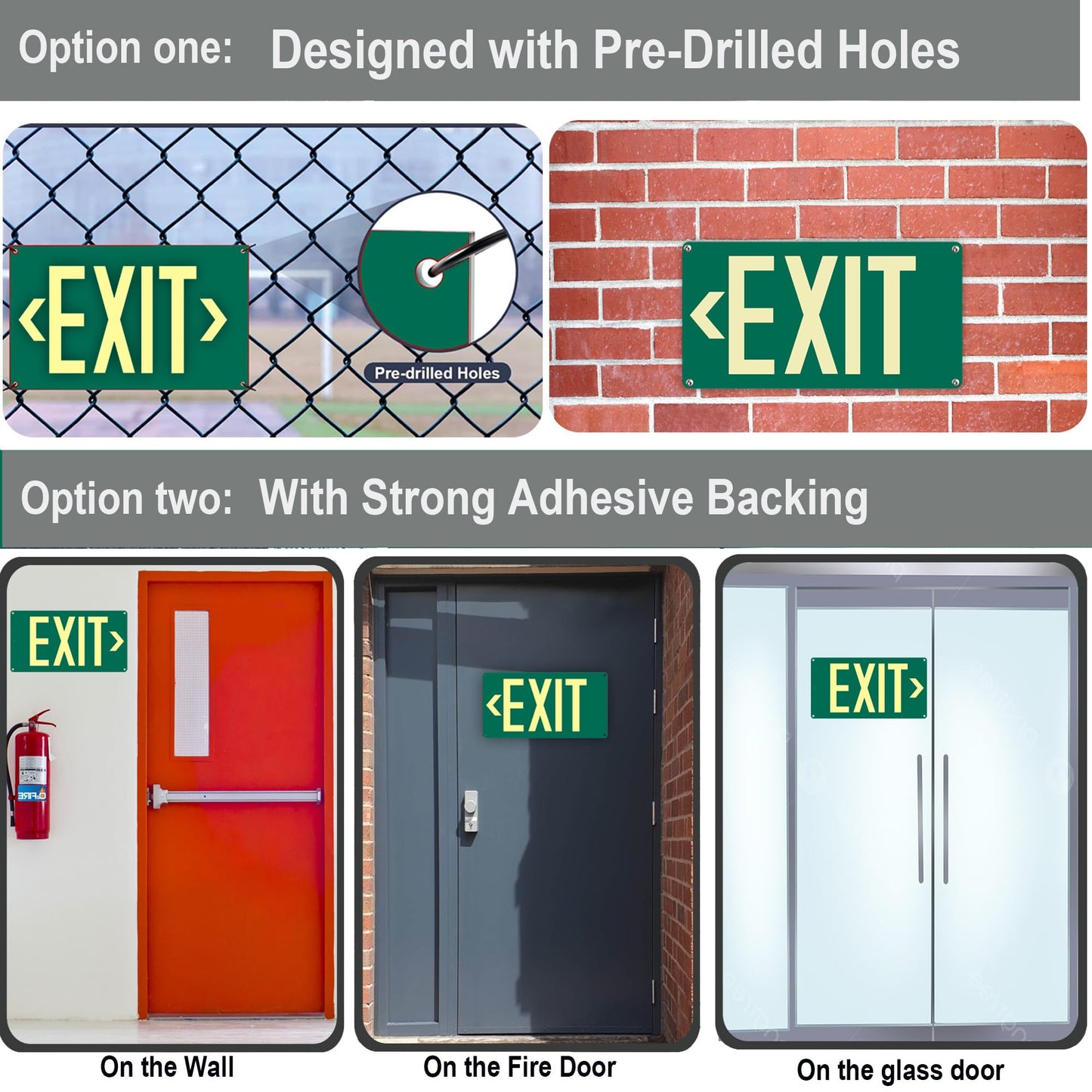 (2Pack) Photoluminescent Exit Sign, Glow In The Dark Aluminum Exit Sign Green - Adhesive Backing - 4pcs Removable Arrows Included - 14.25 x 7.5 Inches - Non Electrical Exit For 50 Feet Visibility