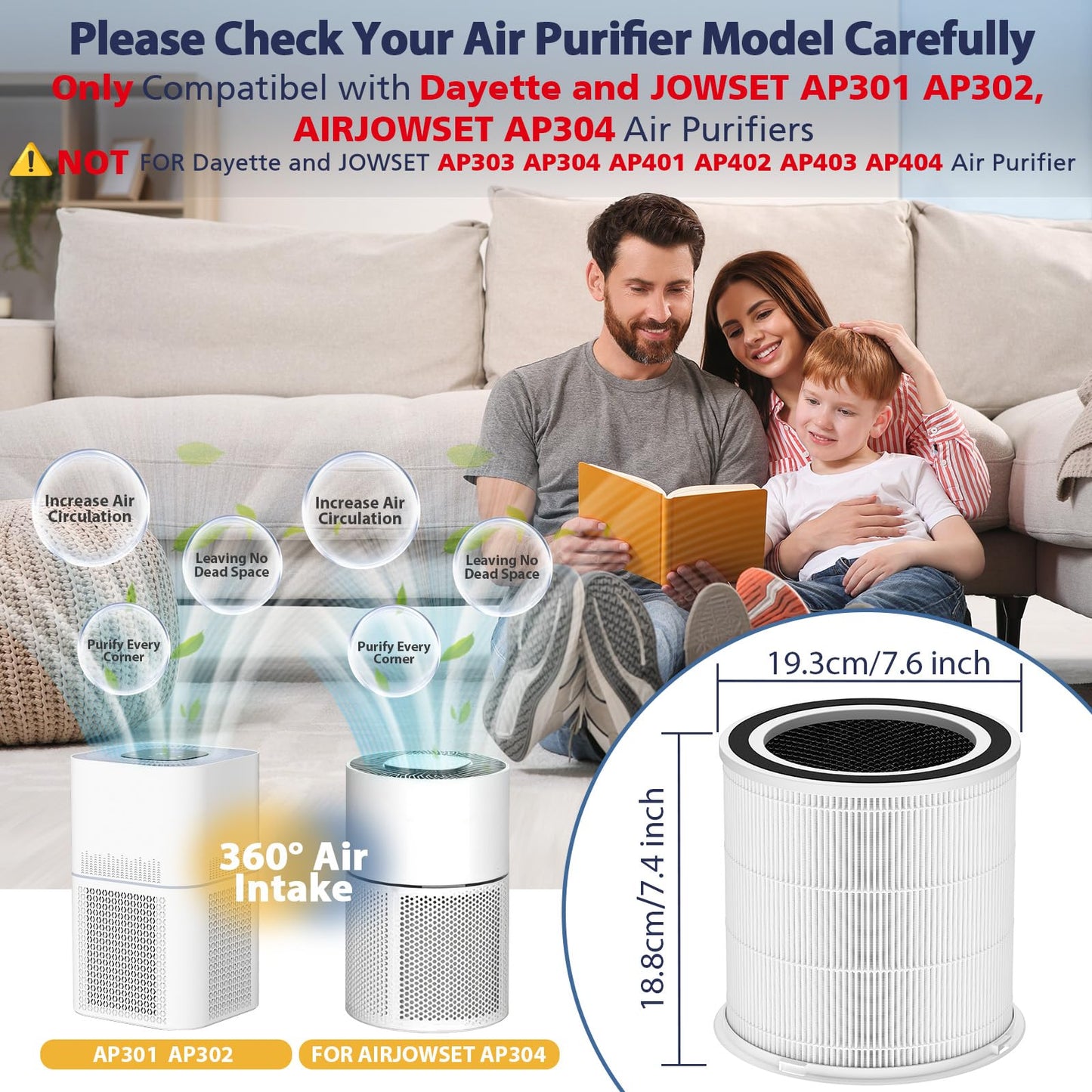 2 Pack AP301 Replacement Filter, Only Compatible with Dayette AP301 AP302 Air Purifier, Efficient Air Filter, NOT FOR AP303 AP304 AP401 AP402 AP403 AP404 Air Purifiers