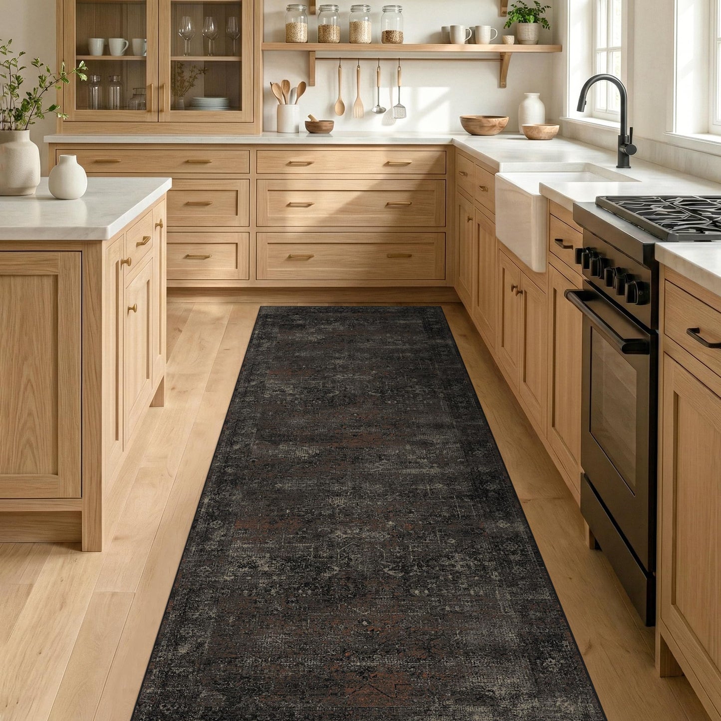 Black 2'6" x 8' Washable Hallway Runner Rug, Non Slip Long Kitchen Runner, Dark Charcoal Low Pile Stain Resistant Rug for Entryway, Bathroom & Laundry Room