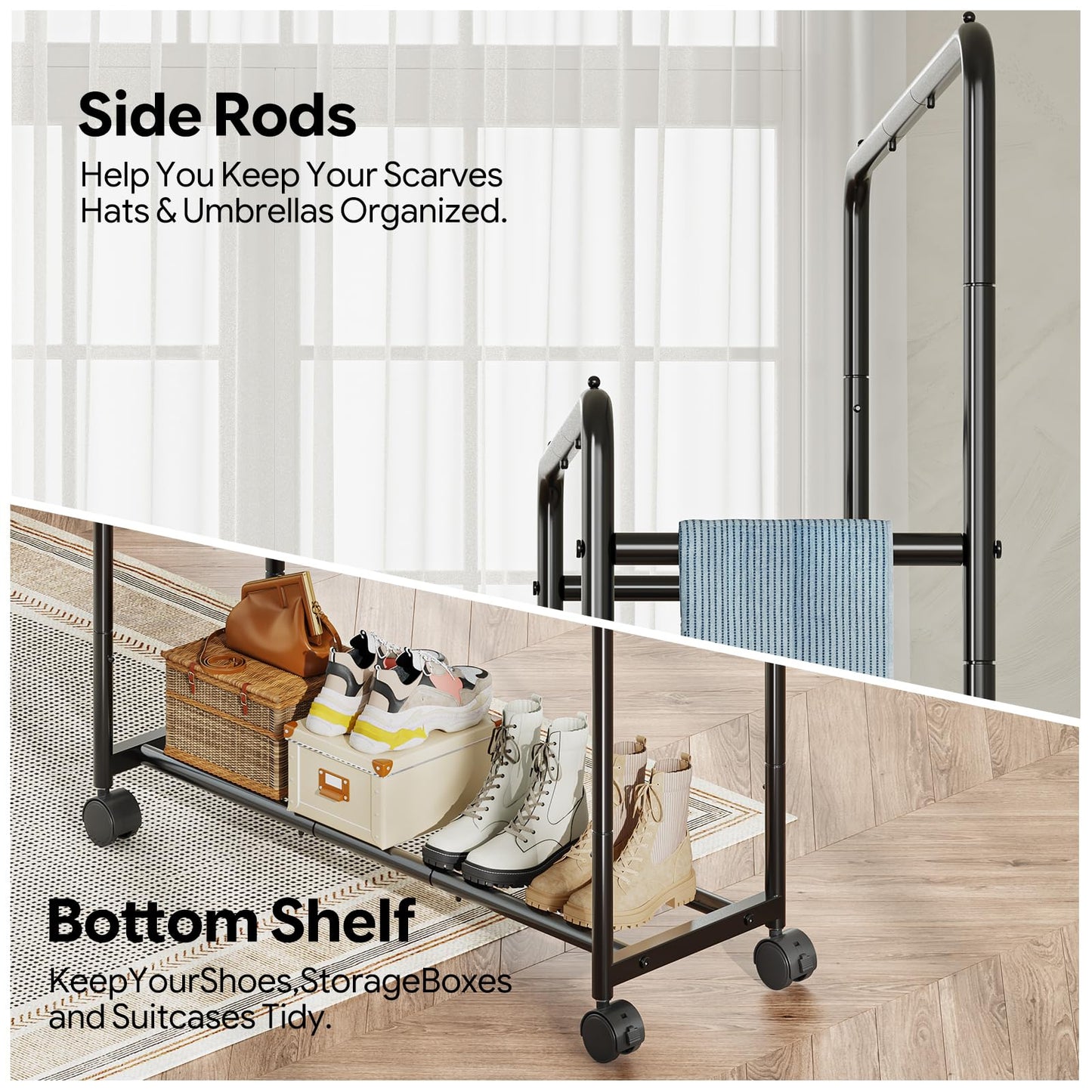 Simple Trending Clothing Clothes Rack Double Rods with Wheels, Rolling Metal Garment Rack for Hanging, Black