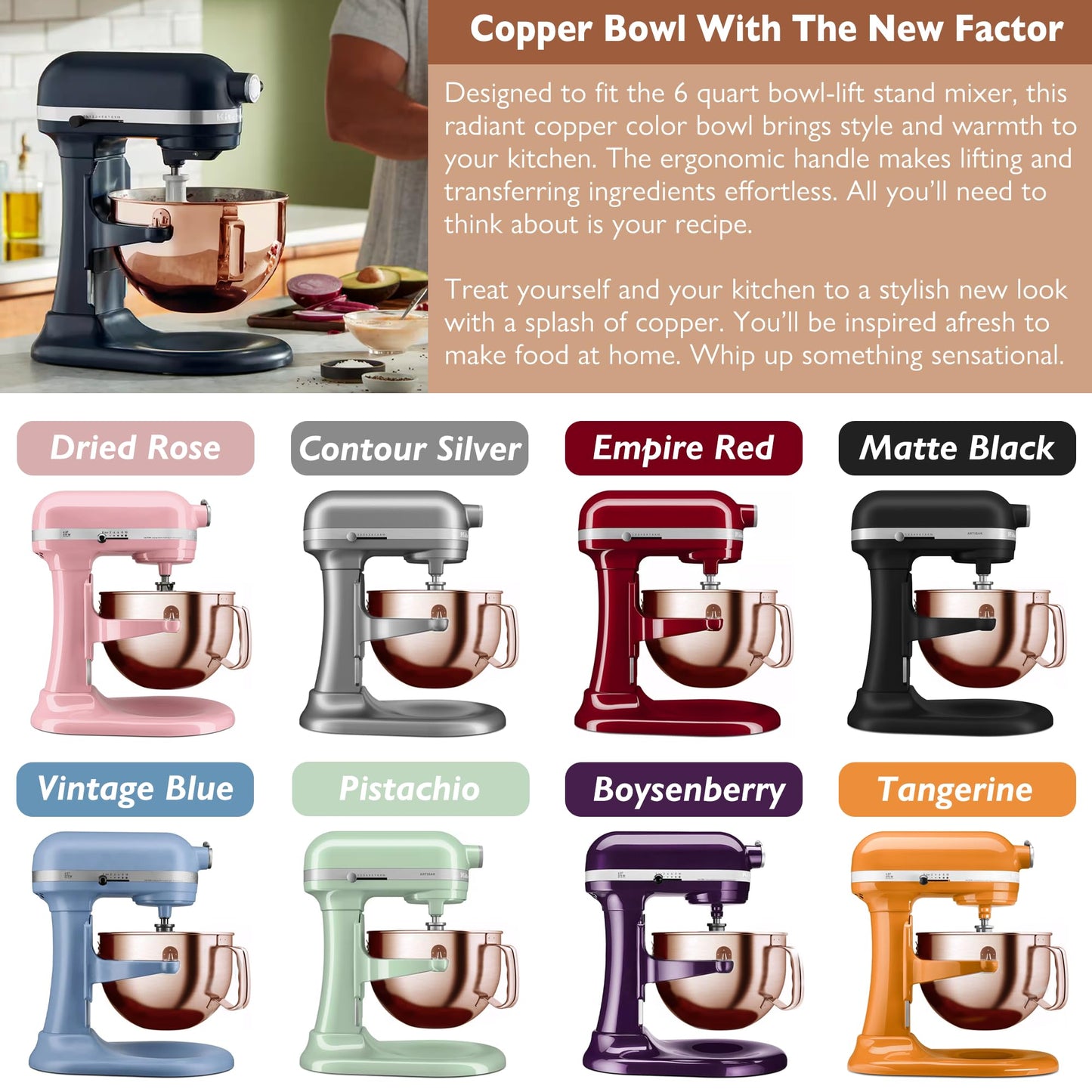 Copper Color Stainless Steel 6 Quart Mixing Bowl for Kitchen Aid Professional Bowl Lift Stand Mixer, Heavy Duty Extra Mixer Bowl fits KP26, KB26, Dishwasher Safe, Ergonomic Handle, Silicone Scraper