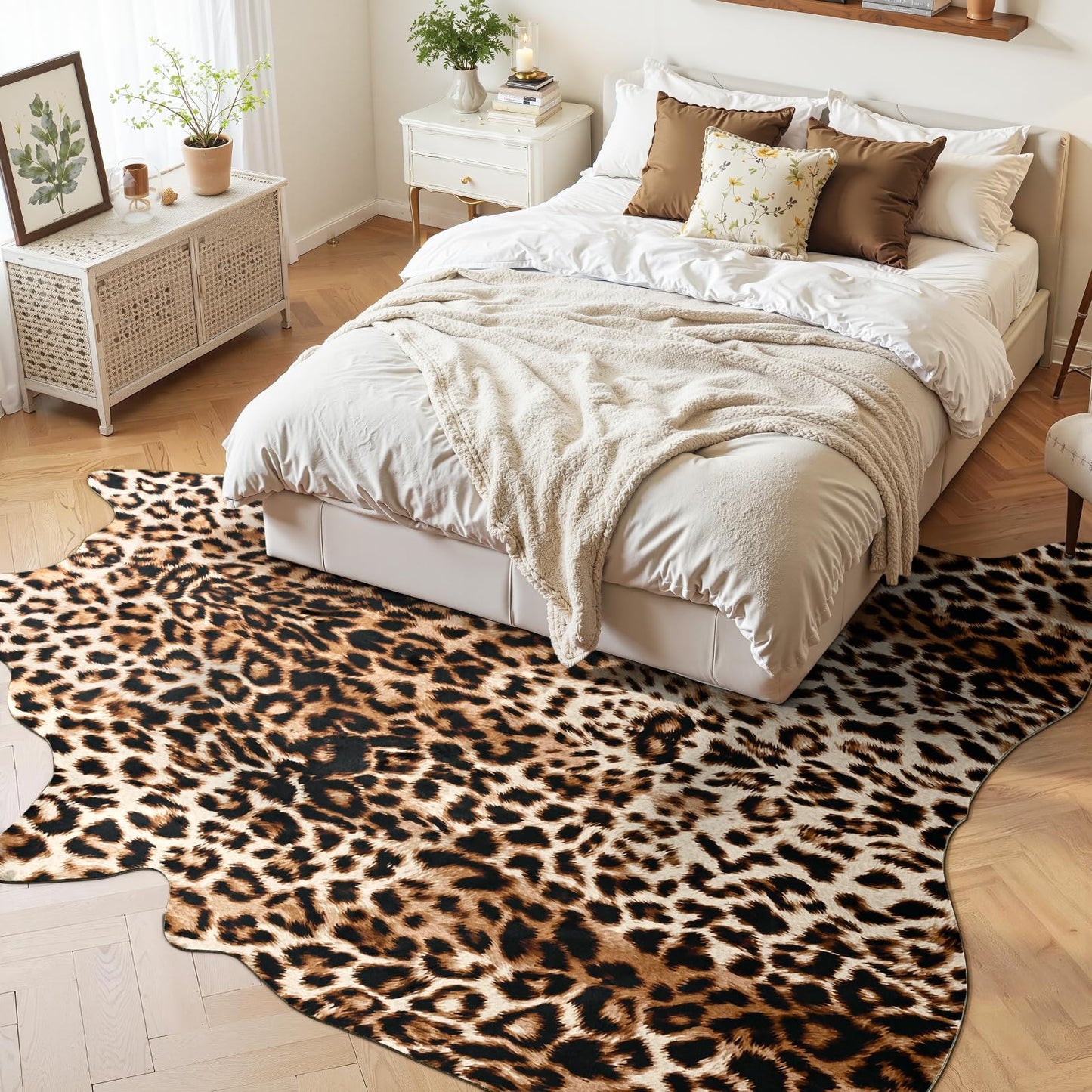 DweIke Faux Leopard Print Rug for Living Room, 4.6 x 5.2 ft Western Animal Cheetah Hide Rugs, Non Slip Cool Leopard Fur Skin Carpet for Bedroom Dining Room Farmhouse Entrance Home Decor, Dark Brown